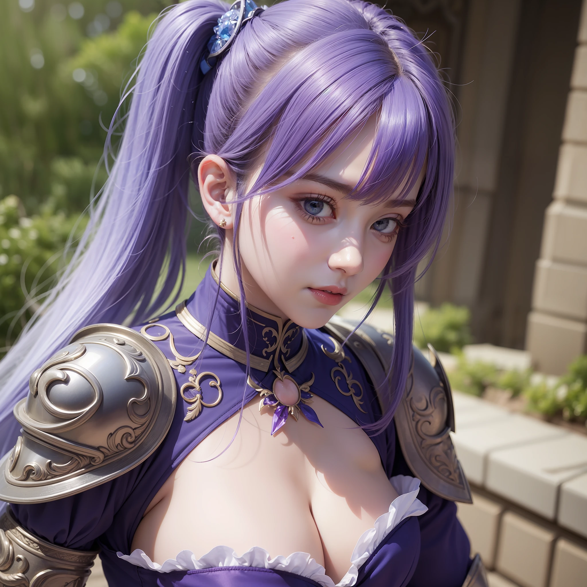 Colorful hair(Purple and blue gradient)、short twintails、beautfull woman、Beautiful eyes、Official art、masterpiece、Extremely delicate modeling、beste-Qualit、Hphotorealistic、8k picture、hiquality、large full breasts、Princess、Infant face(Rounded face)、Paladin、Luxurious armor、Excalibur