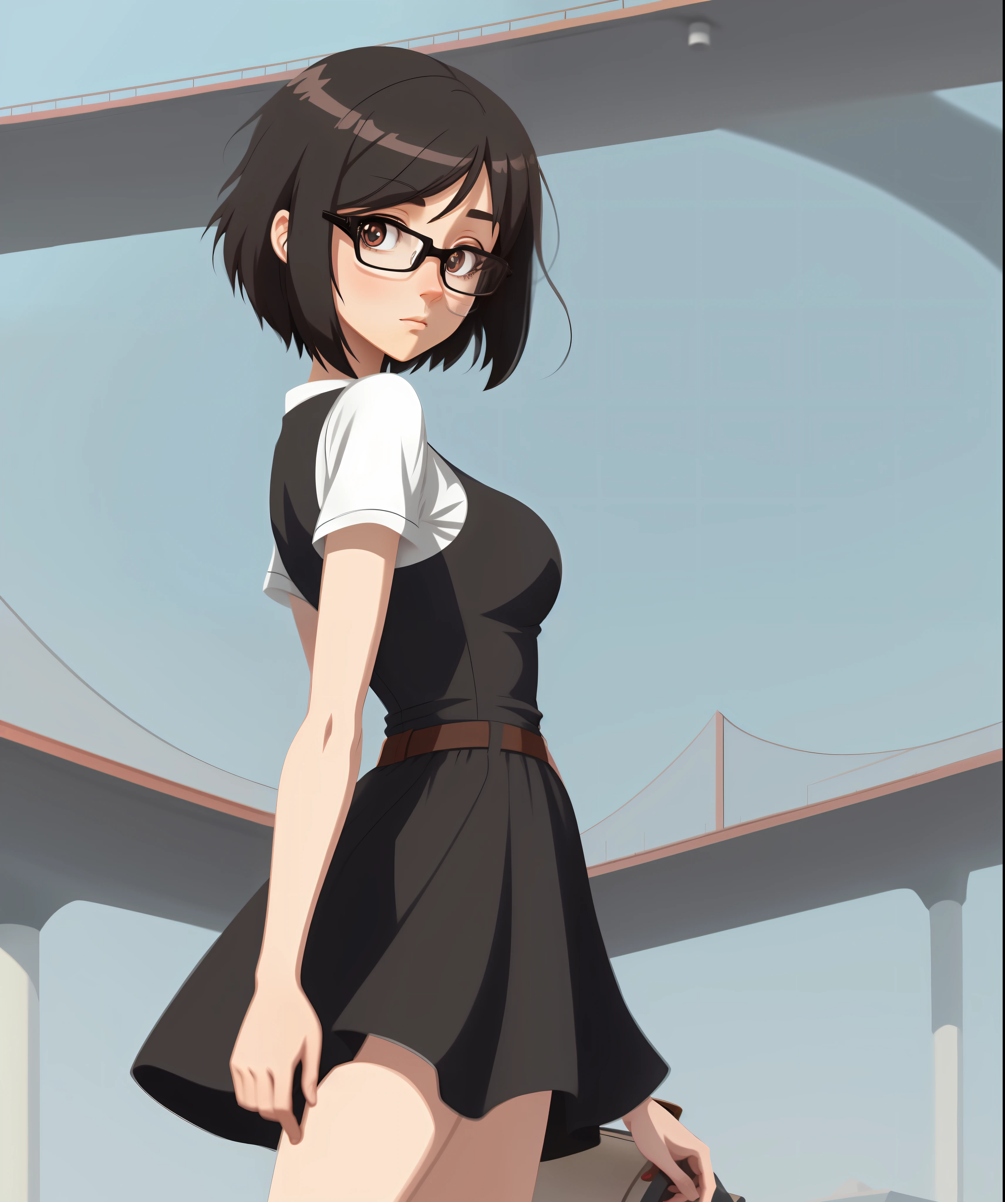 Black hair, eye glass, Brown pupils, quiet intellectual girl, Animation style,small boobs,On the flyover