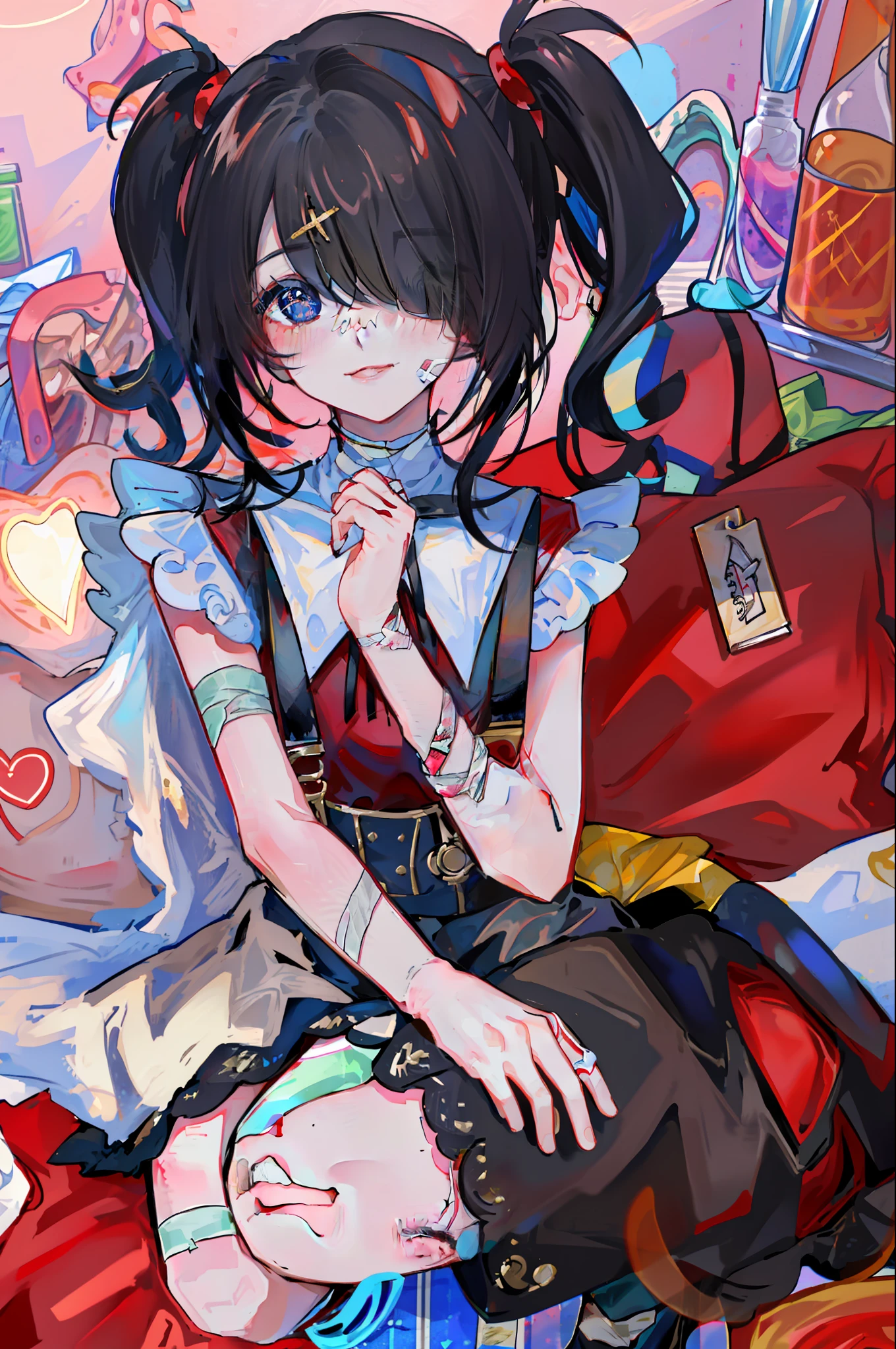 2d, anime art, (masterpiece:1.2), best quality, absurdres,
girl, ame-chan, lying, black skirt, white shirt, red shirt, suspenders, hairpin cross, 
drug overdose, narcotic trip, glowing eye, (bandaged arm:1.2), (blush:1.2), smiling, grimm face, squatting, smoking, smoke