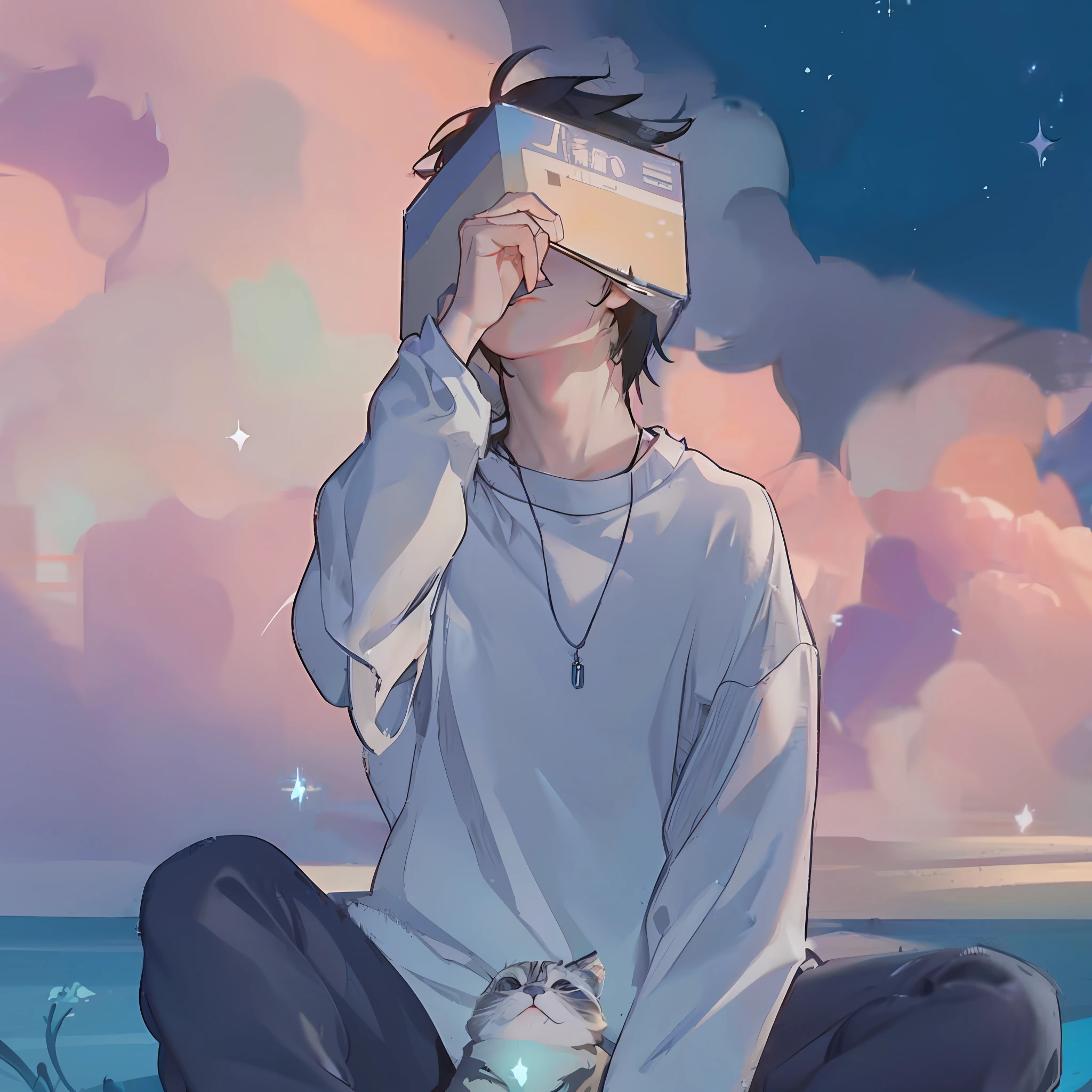 Anime boy sitting on the ground，A cat in his hand, anime vibes, animeaesthetic, 4k manga wallpapers, anime wallaper, animeaesthetic, Realistic anime 3 d style, Makoto Shinkai Cyril Rolando, Anime Pictures, ( ( Makoto Shinkai ) ), anime lover, lofi aesthetics, 3 d animesexy, 3D anime