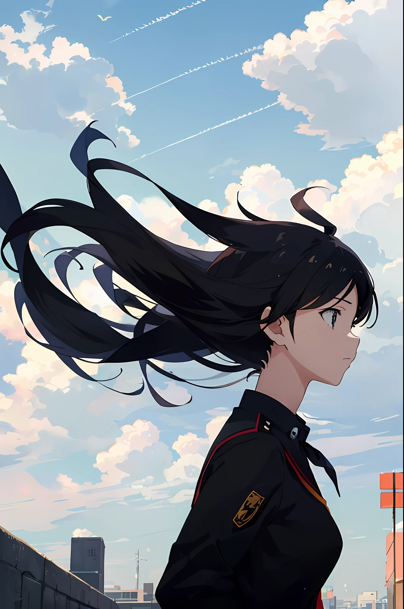Skysky,teens girl,light wind,Wallpapers,Turn Back,anime big breast,Heads-up,high-school student,Sad,Upper body body,Landscape orientation,cinematic ligh