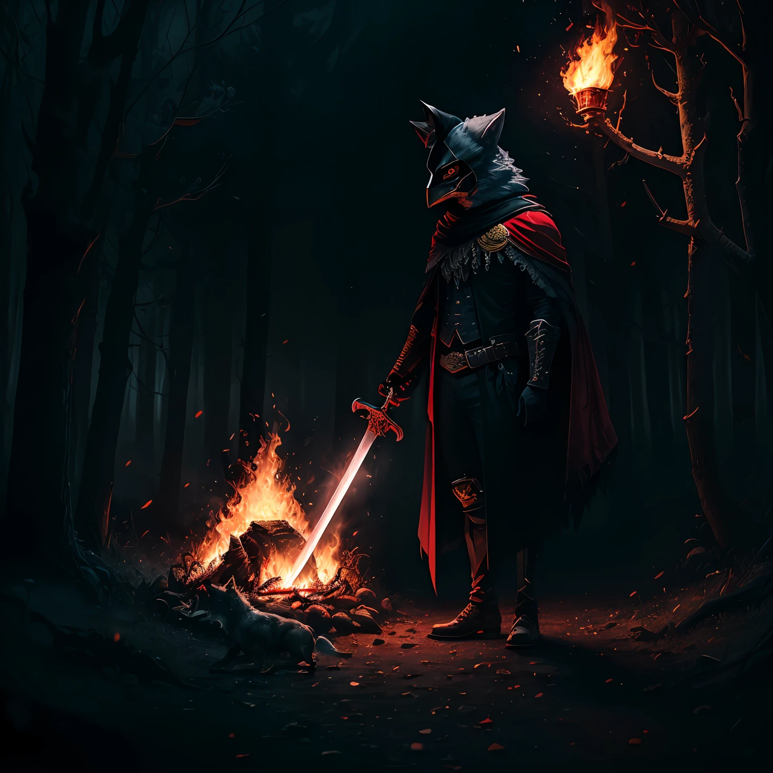 Dark suit man,Sword and gilded crutches in hand,Wear wizard hats and masks,The wolf-headed leg of lamb is covered in black,Red eyes are on fire,Forest night picture,Clustered with crows,High 4K quality,Black background with red gloves,Vivid hand details。