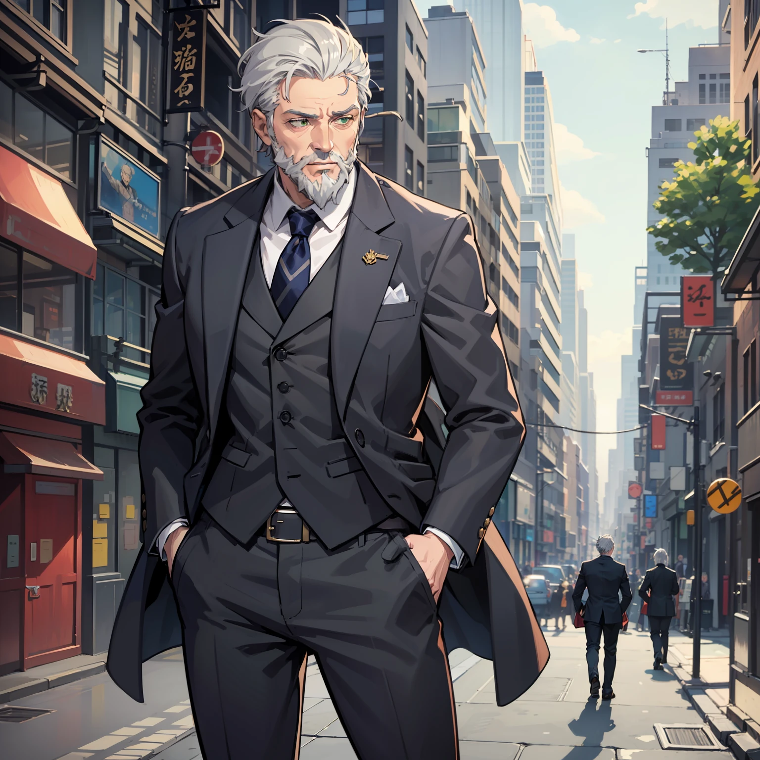british old male, Gray hair, a few Beard, Green eyes, wear suit, Heroes, Anime figur
