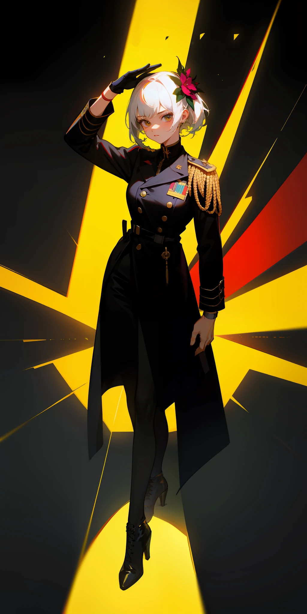 1girll,white color hair,Wear a black flower on your head,Wearing a black gauze tights,Wear a black wristband,Black lace-up heels,Wearing a black military uniform overcoat,The inside of the coat is red,perfectly proportioned, Cinematic lighting, filmgrain, Fujicolor, lightand shade contrast, 8K, 巨作, Textured skin, Super detail, hoog detail, High quality, A high resolution,