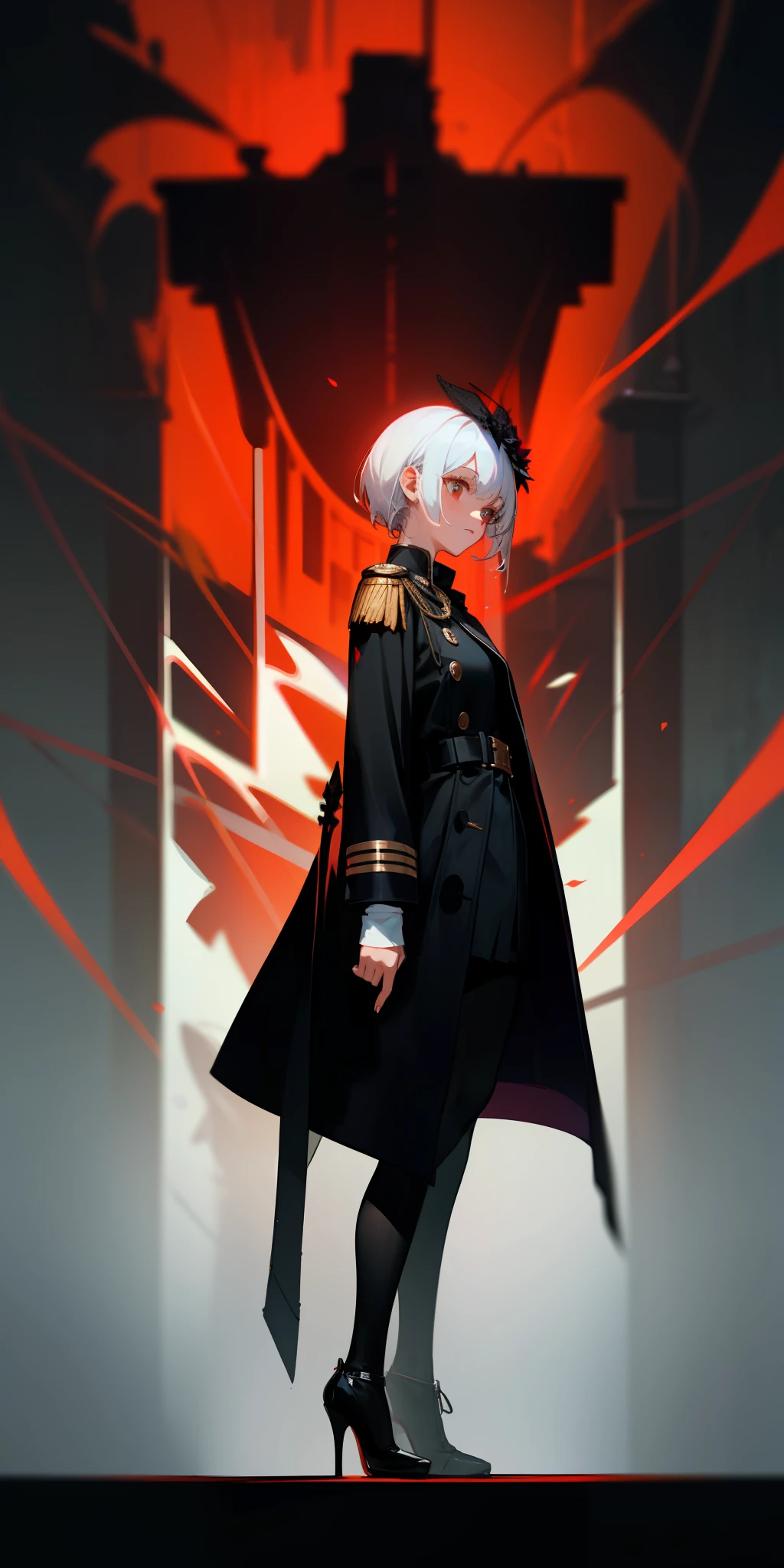 1girll,white color hair,Wear a black flower on your head,Wearing a black gauze tights,Wear a black wristband,Black lace-up heels,Wearing a black military uniform overcoat,The inside of the coat is red,perfectly proportioned, Cinematic lighting, filmgrain, Fujicolor, lightand shade contrast, 8K, 巨作, Textured skin, Super detail, hoog detail, High quality, A high resolution,