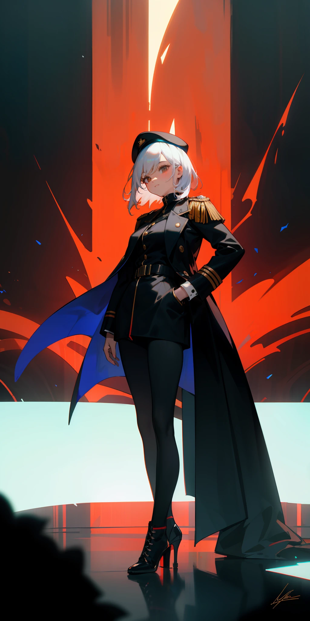 1girll，white color hair，Wear a black flower on your head，Wearing a black gauze tights，Wear a black wristband，Black lace-up heels，Wearing a black military uniform overcoat，The inside of the coat is red，perfectly proportioned, Cinematic lighting, filmgrain, Fujicolor, lightand shade contrast, 8K, 巨作, Textured skin, Super detail, hoog detail, High quality, A high resolution,