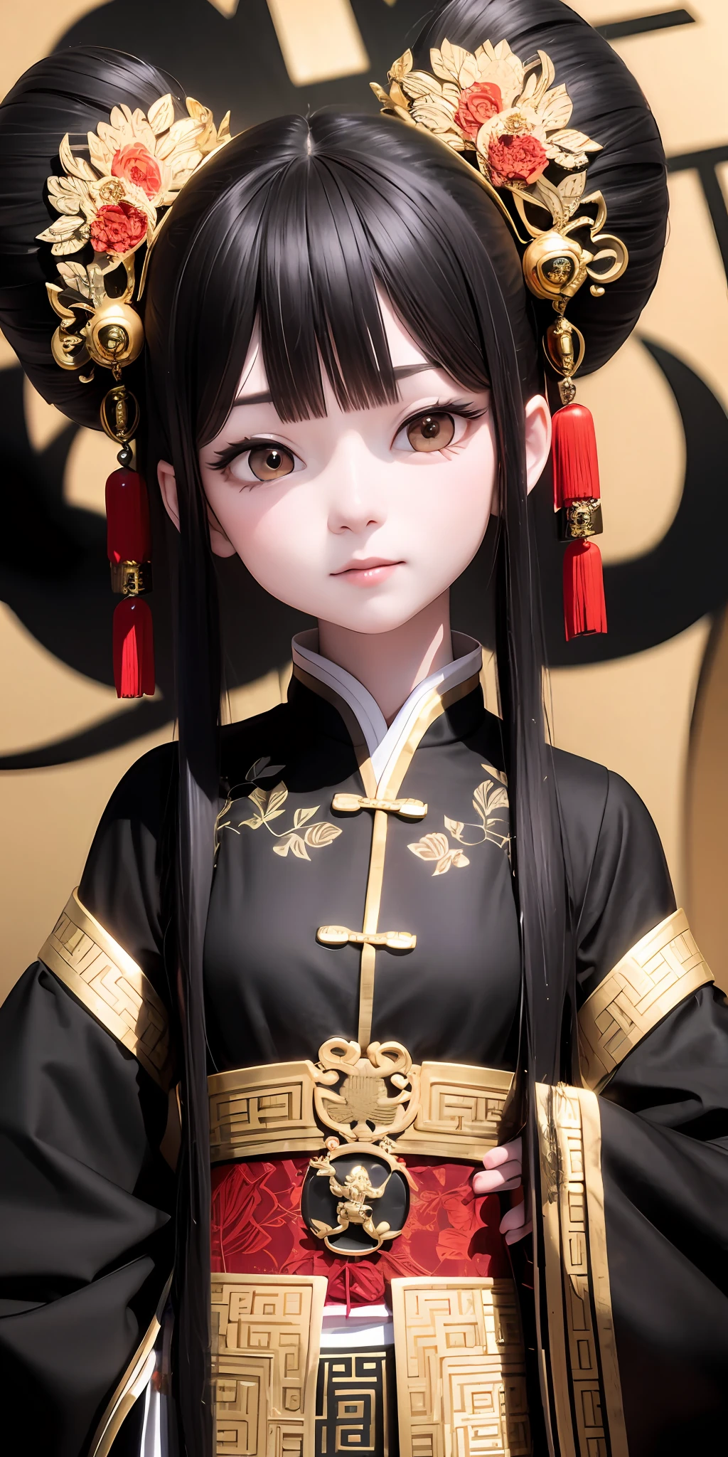 White background，Chinese antique girl image，full bodyesbian，Tide play，IP，Q version characters，Three-seven ratio，Goose egg face，Black hair and double looking at the fairy bun，Black pupil apricot eyes，face expressionless，Look ahead，Hands hang naturally，Red Tang dynasty costume，Full-chest skirt，The color of the costume is red、blanche、Gold is dominant，The costumes are grand and elegant，It is embellished with a treasure pattern，3D cartoon model --v6