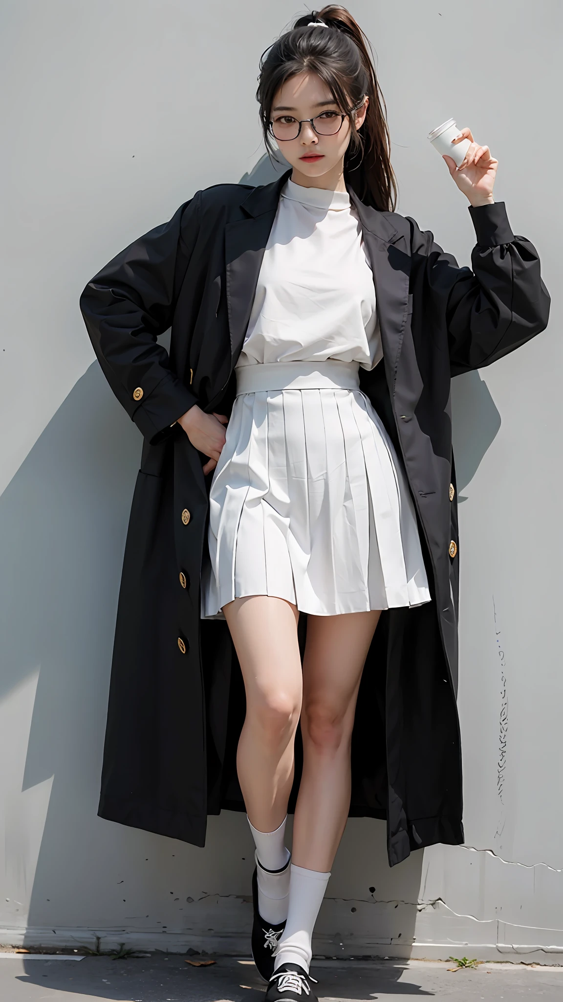 against a wall，Drink in left hand，The left foot is slightly bent on tiptoe，Wear a white shirt，Wear a black trench coat，Thin leg，Long black pleated dress，White mid-tube socks，wearing black rimmed glasses，cyber-punk，RAW photos，8K，HighestQuali， 超高分辨率，Beautiful face details，Real human skin，Gentle expression，Left view，The position of the 3 meter surface from the left，Long hair with a high ponytail，realisticlying，realisticlying，high and cold，short  skirt，cute female student，Japanese schoolgirl uniform，wearing a Japanese school uniform，Surreal high school girl，full bodyesbian，