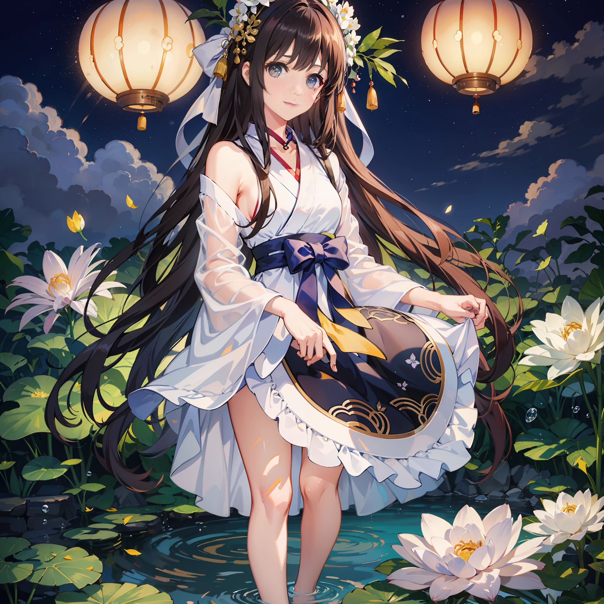 （walnut），((4K,巨作,Best quality)), shuimobysim, Traditional Chinese painting, lotuses, Hanfu, maxikit, Dress conservatively 1girl, Solo, Blue long hair, ssmile, standingn, feet in water, bare footed, （A beautiful starry sky）（Highest quality details），（exquisite and beautiful eyes：1.3）