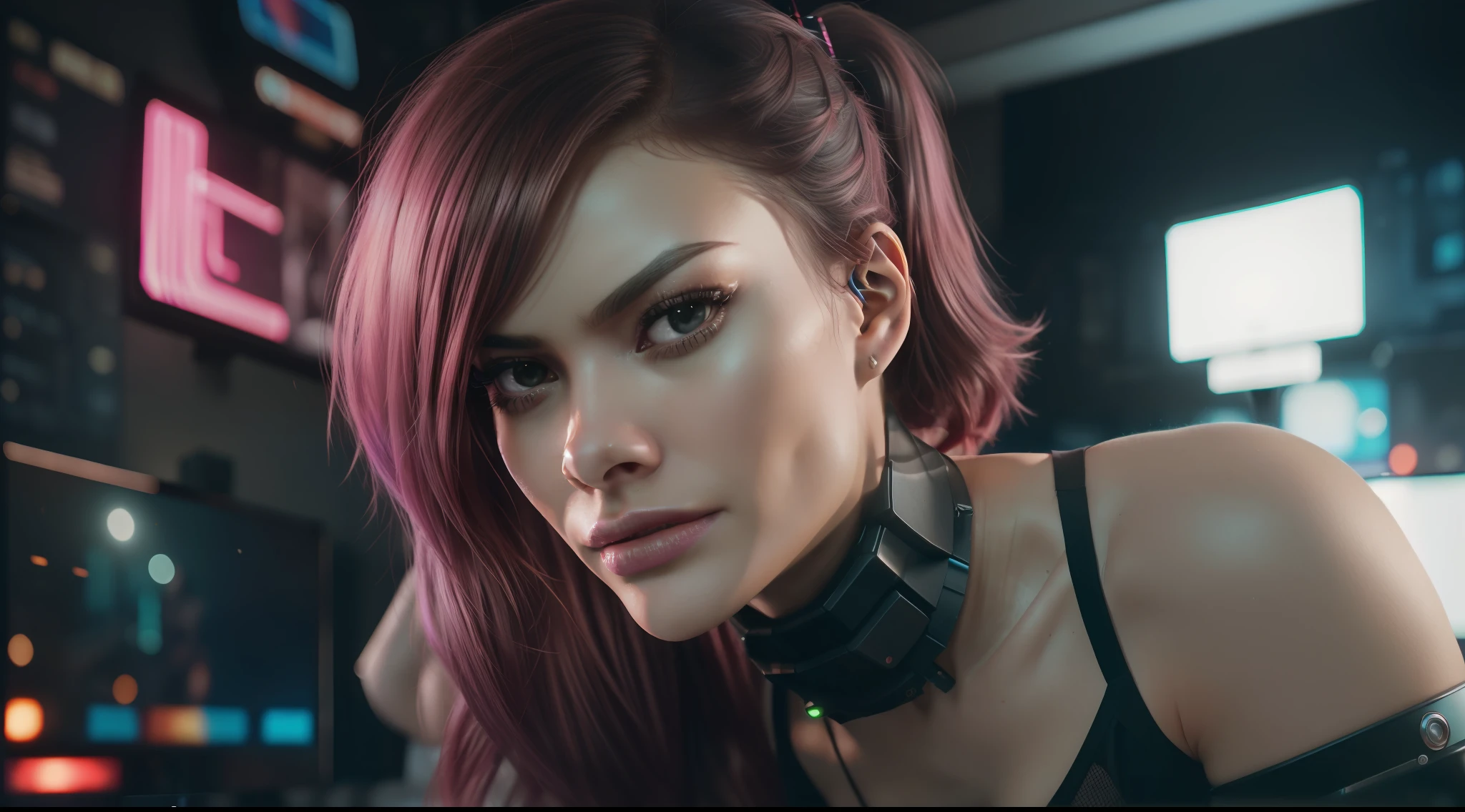 (8k, ARTISTIC photography, best quality, masterpiece: 1.2) ((Zendaya)) photorealistic beautiful,woman body defined by cybernetic body parts, samurai underwear. ( in a cyberpunk hacker bedroom on a bed with lots of flat screen monitors:1.5), cute face, luxury Gold cyborg, (edge runner, pop star):1.25, PINk hair, ponytail ((dynamic pose))) over-detailed face,, beautiful body, slim, toned, cyberpsycho fetish, 8k uhd, SLR camera, soft lighting, high quality, film grain, Arri Alexa mini , sexy amour, Cinematic lighting, octane render, complex, 8k resolution concept art portrait, edgerunner, blade runner, hyperrealistic, cinematic look, gritty, realistic, neotokyo, synthwave, aesthetics,(((pure 8K))), (((perfect anatomy))), extremely high-quality graphics, Riddley Scott, ghost in the shell, Denis Villeneuve, Cyberpunk 2077 (((cinematic lighting))), ((clear details)), complex, highly detailed background,