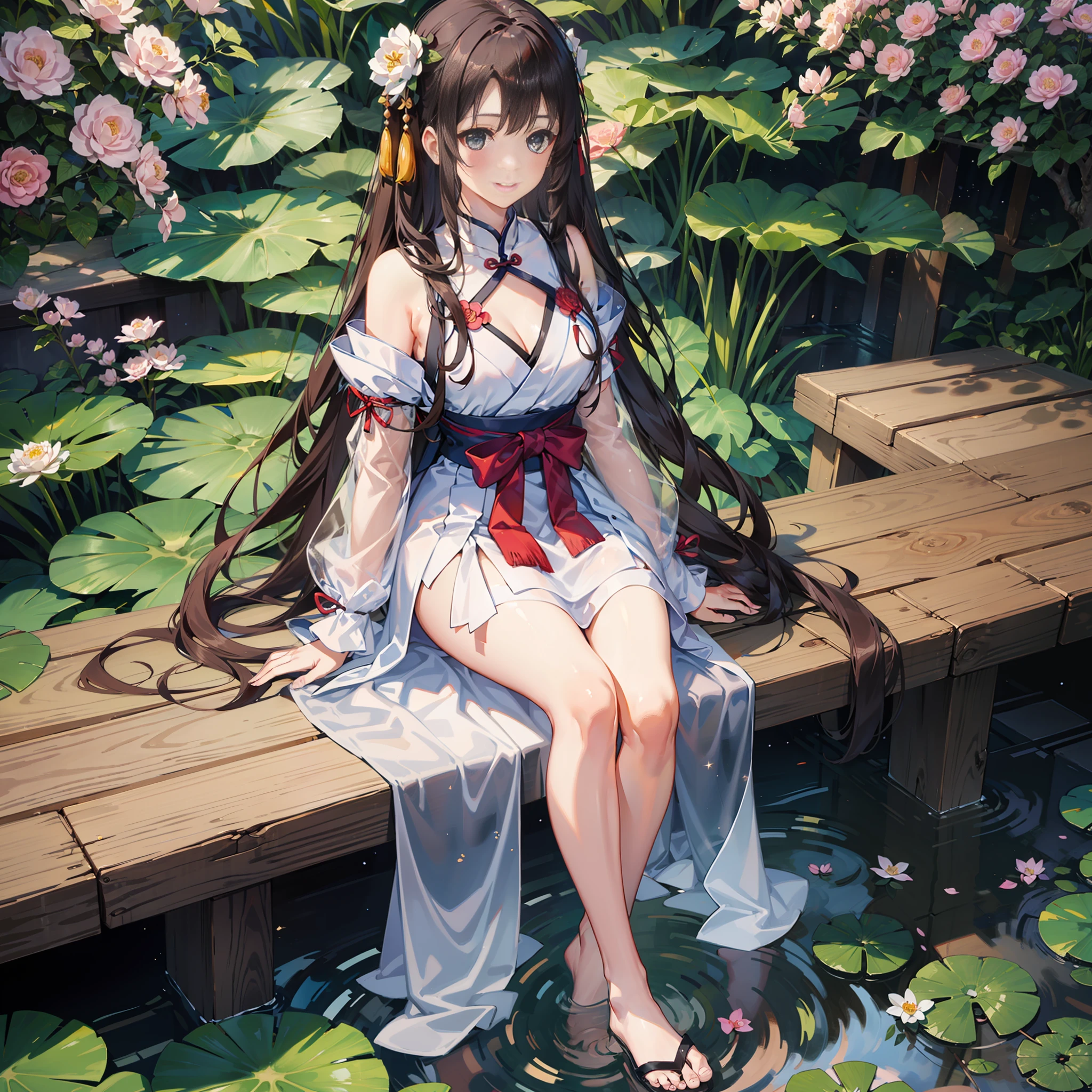 （walnut），((4K,巨作,Best quality)), shuimobysim, Traditional Chinese painting, lotuses, Hanfu, maxikit, Dress conservatively 1girl, Solo, Blue long hair, ssmile, standingn, feet in water, bare footed, （A beautiful starry sky）（Highest quality details），（exquisite and beautiful eyes：1.3）