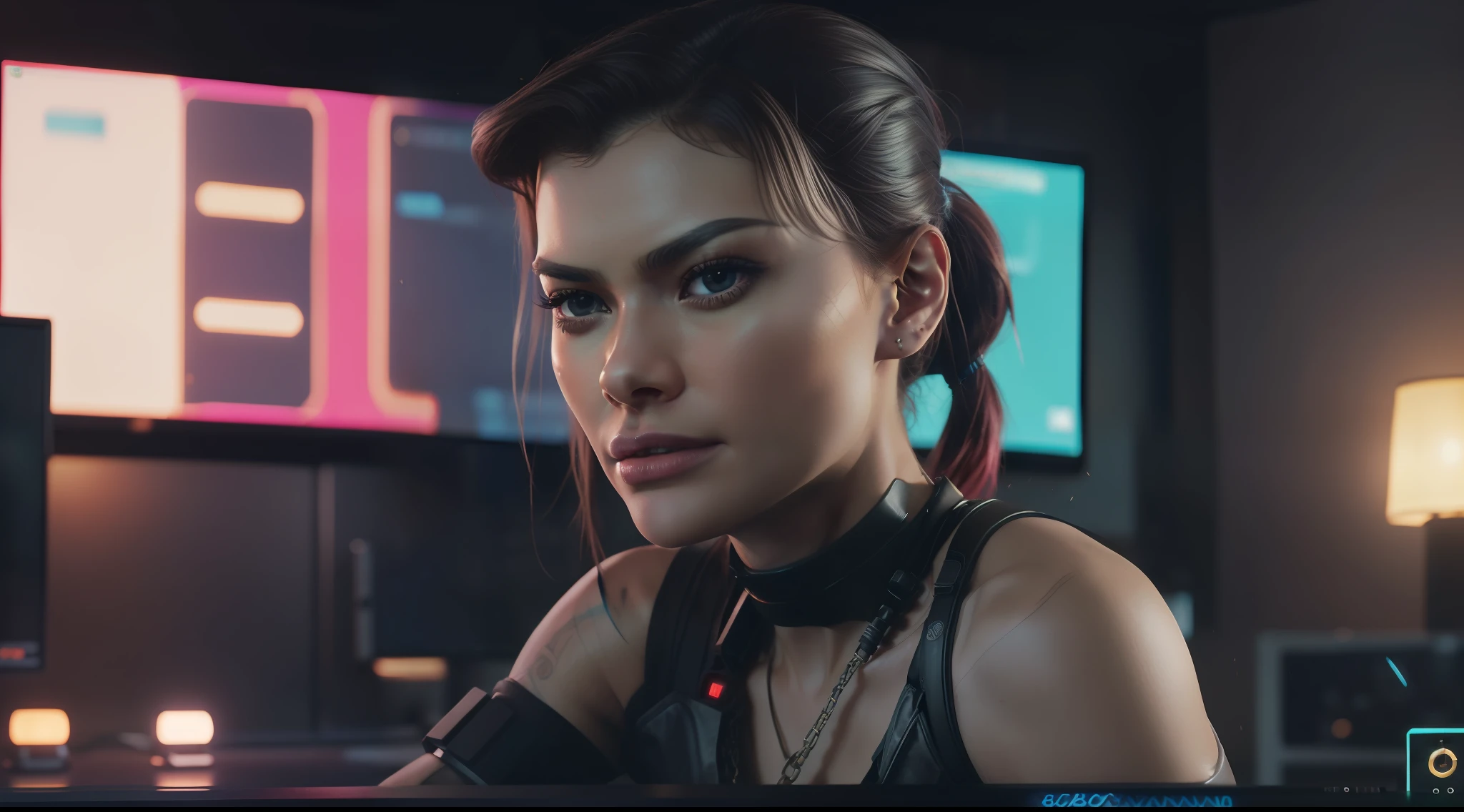 (8k, ARTISTIC photography, best quality, masterpiece: 1.2) ((Zendaya)) photorealistic beautiful,woman body defined by cybernetic body parts, samurai underwear. ( in a cyberpunk hacker bedroom on a bed with lots of flat screen monitors:1.5), cute face, luxury Gold cyborg, (edge runner, pop star):1.25, PINk hair, ponytail ((dynamic pose))) over-detailed face,, beautiful body, slim, toned, cyberpsycho fetish, 8k uhd, SLR camera, soft lighting, high quality, film grain, Arri Alexa mini , sexy amour, Cinematic lighting, octane render, complex, 8k resolution concept art portrait, edgerunner, blade runner, hyperrealistic, cinematic look, gritty, realistic, neotokyo, synthwave, aesthetics,(((pure 8K))), (((perfect anatomy))), extremely high-quality graphics, Riddley Scott, ghost in the shell, Denis Villeneuve, Cyberpunk 2077 (((cinematic lighting))), ((clear details)), complex, highly detailed background,