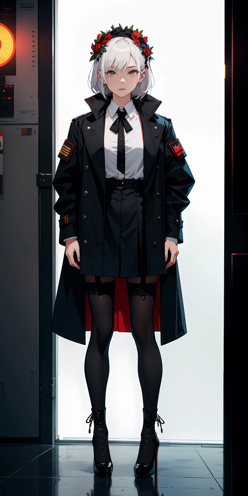 1girll,white color hair,Wear a black flower on your head,Wearing a black gauze tights,Wear a black wristband,Black lace-up heels,Wearing a black military uniform overcoat,The inside of the coat is red,perfectly proportioned, Cinematic lighting, filmgrain, Fujicolor, lightand shade contrast, 8K, 巨作, Textured skin, Super detail, hoog detail, High quality, A high resolution,