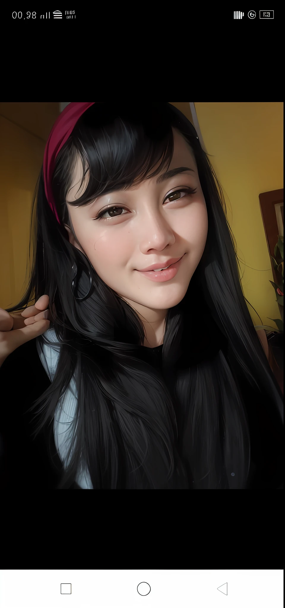 a close up of a woman with long black hair and a red headband, real ungine, 2 , off-shirt, with hijab