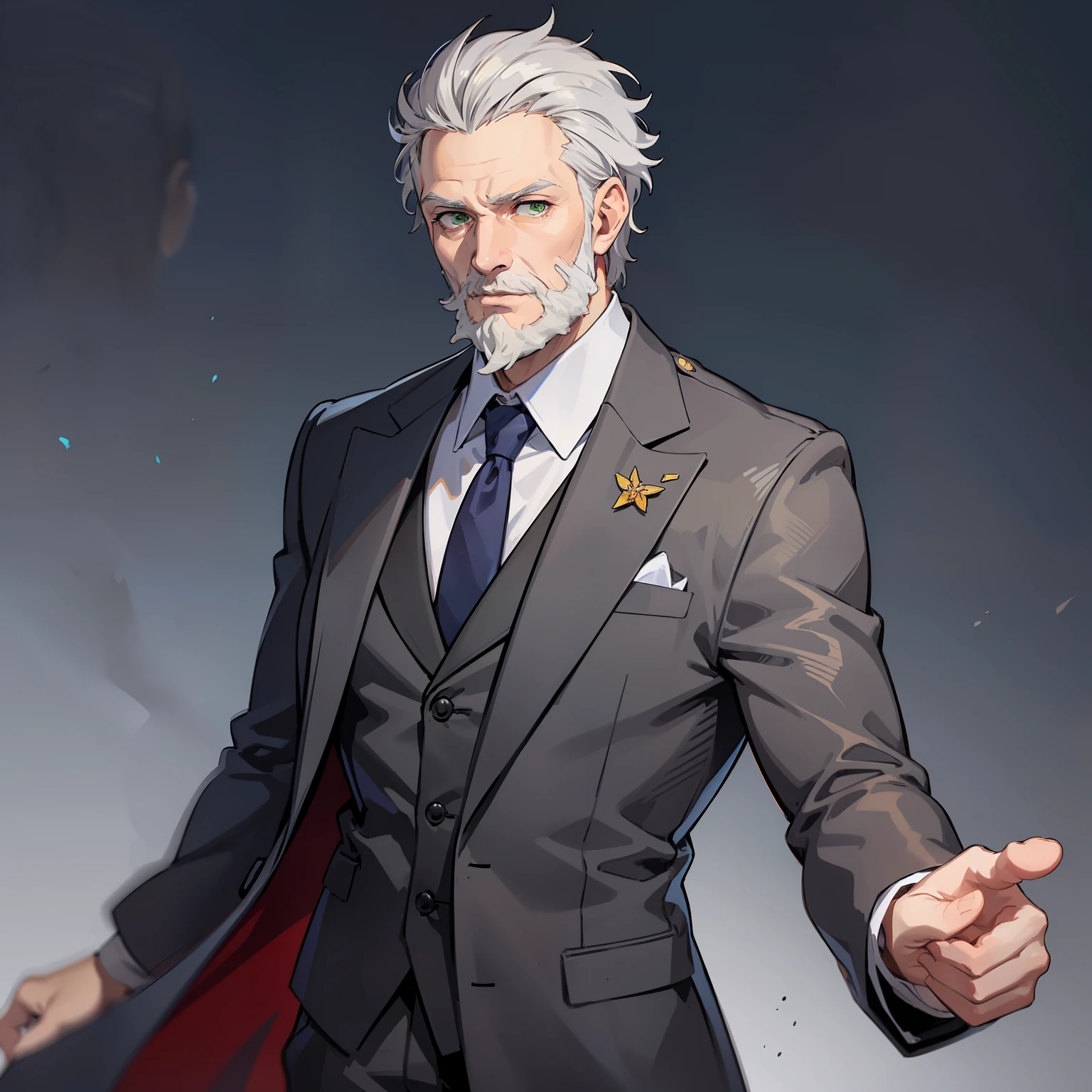 british old male, Gray hair, Beard, Green eyes, wear suit, Heroes, Anime figure