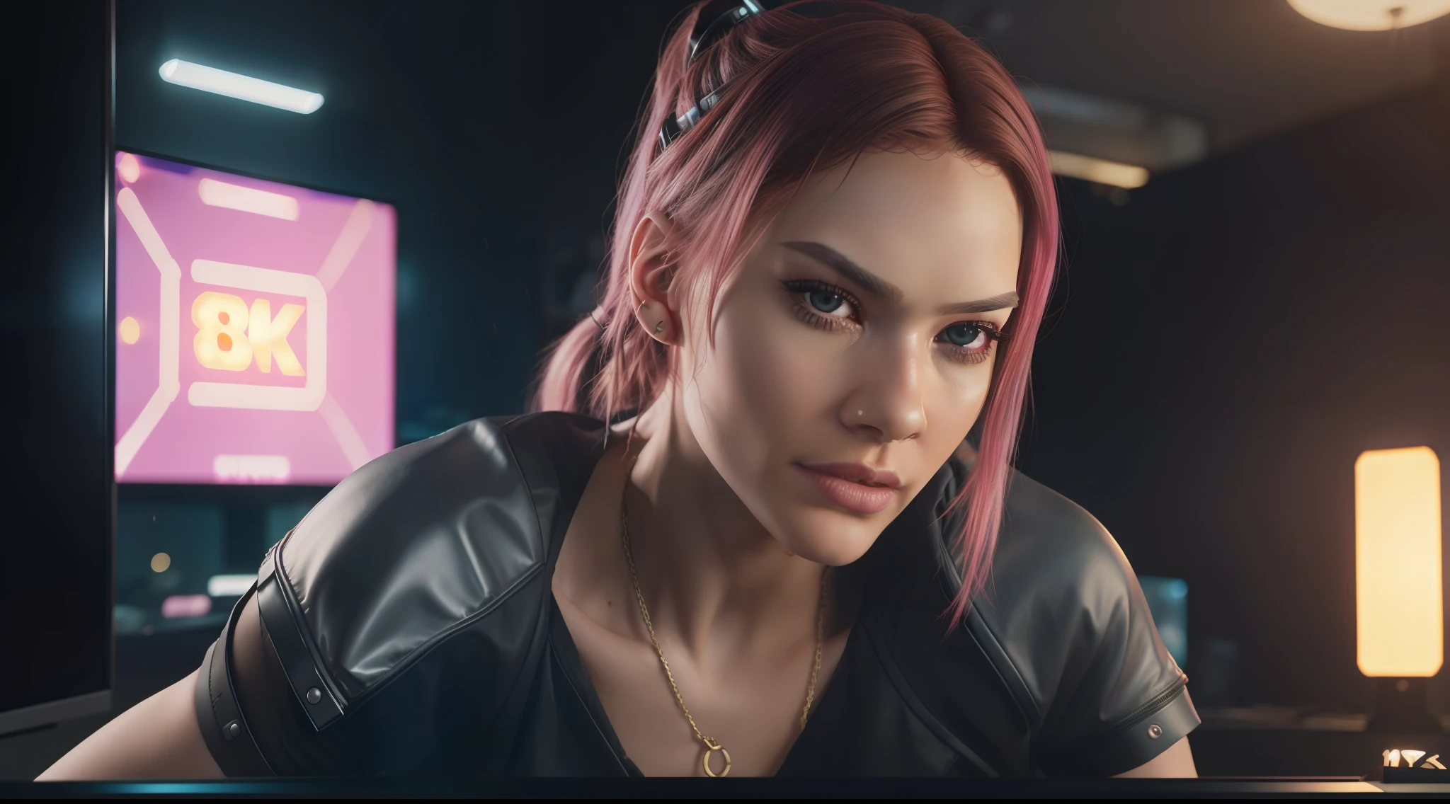 (8k, ARTISTIC photography, best quality, masterpiece: 1.2) ((Zendaya)) photorealistic beautiful,woman body defined by cybernetic body parts, samurai underwear. ( in a cyberpunk hacker bedroom on a bed with lots of flat screen monitors:1.5), cute face, luxury Gold cyborg, (edge runner, pop star):1.25, PINk hair, ponytail ((dynamic pose))) over-detailed face,, beautiful body, slim, toned, cyberpsycho fetish, 8k uhd, SLR camera, soft lighting, high quality, film grain, Arri Alexa mini , sexy amour, Cinematic lighting, octane render, complex, 8k resolution concept art portrait, edgerunner, blade runner, hyperrealistic, cinematic look, gritty, realistic, neotokyo, synthwave, aesthetics,(((pure 8K))), (((perfect anatomy))), extremely high-quality graphics, Riddley Scott, ghost in the shell, Denis Villeneuve, Cyberpunk 2077 (((cinematic lighting))), ((clear details)), complex, highly detailed background,