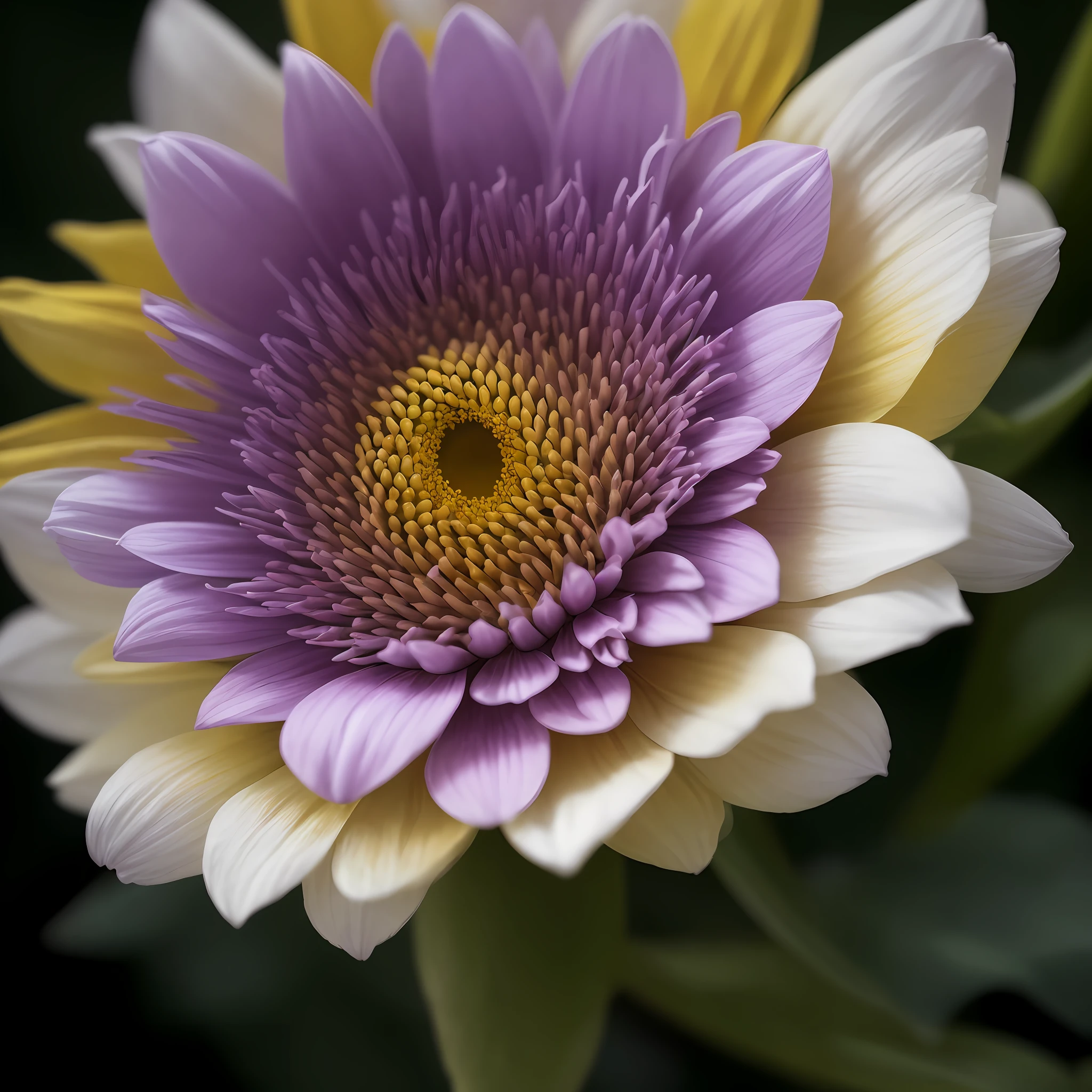 there is a purple flower with yellow center on a green stem, viva, imagem de um sonho, psicodelic, connectedness, flor violeta, Arte surrealista, surreal, Elementos, Geometria sagrada, Flor de Edelweiss, psychedelic colours, Polsangi Violeta, Fotografia macro de 25mm, Macro de 35mm | | | | |, 3mm macro launch, 35mm macro launch, Foto tirada com Sony A7R, Beautiful image, Tiro em Sony A 7, macro 20mm --auto