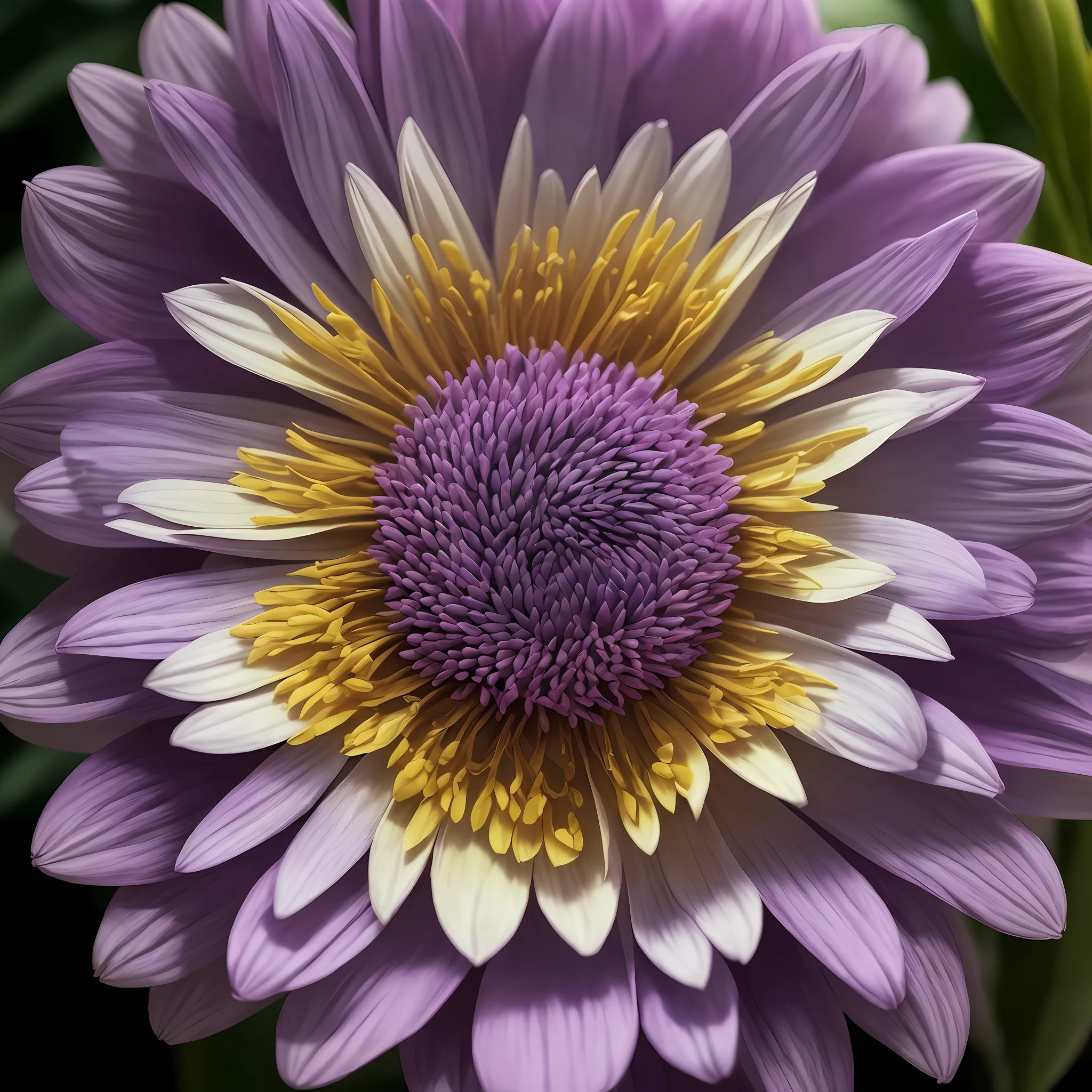 there is a purple flower with yellow center on a green stem, viva, imagem de um sonho, psicodelic, connectedness, flor violeta, Arte surrealista, surreal, Elementos, Geometria sagrada, Flor de Edelweiss, psychedelic colours, Polsangi Violeta, Fotografia macro de 25mm, Macro de 35mm | | | | |, 3mm macro launch, 35mm macro launch, Foto tirada com Sony A7R, Beautiful image, Tiro em Sony A 7, macro 20mm --auto