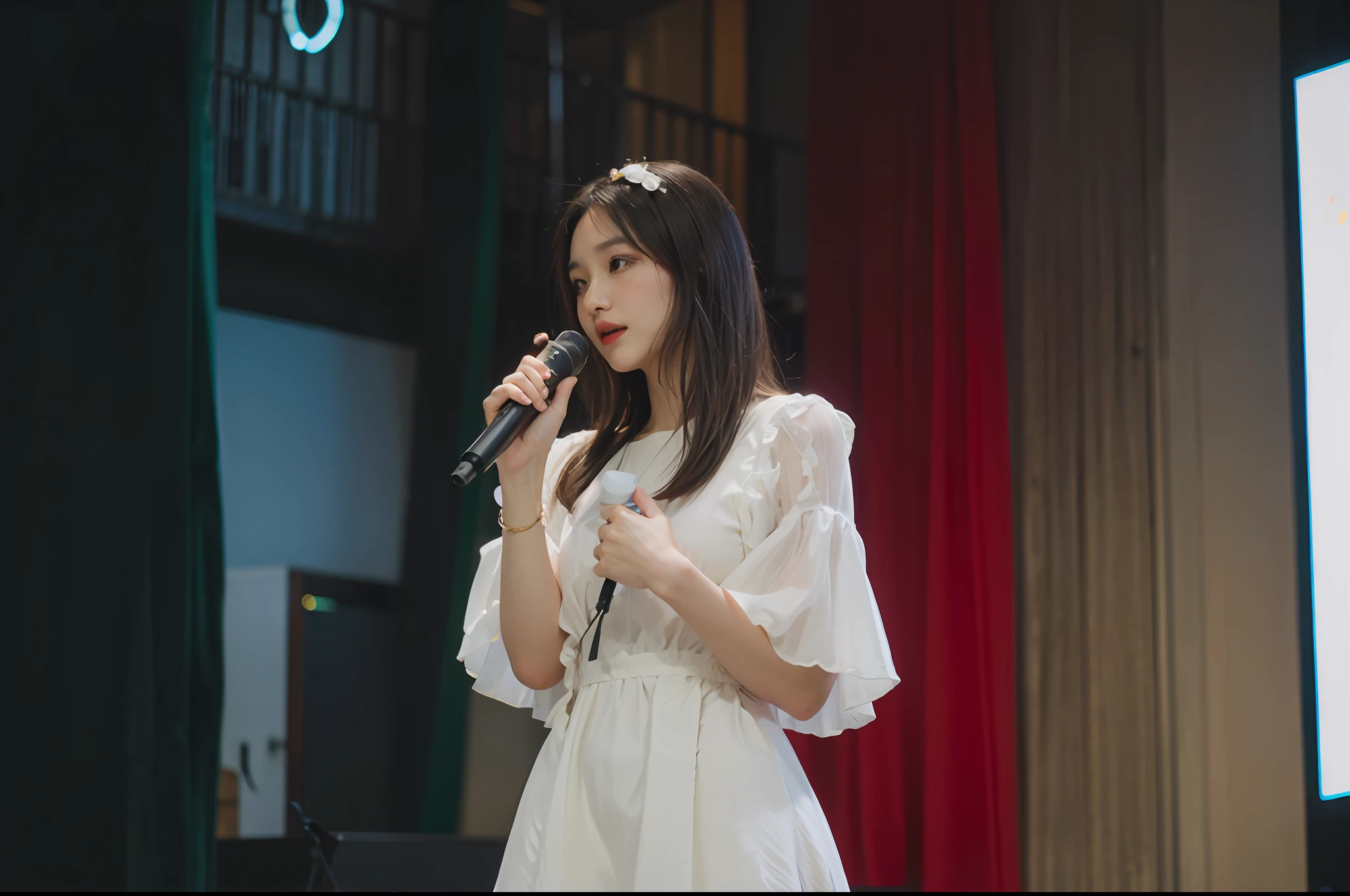 Gemma Chen performs enthusiastically on stage,Dressed in a beautiful dress,The Canon EOS R6 records her moving singing voice and dynamic dance moves,The Canon EOS 5D Mark IV and Canon EOS 6D Mark II record her confident and noble demeanor,And show fine details。The Canon EOS 80D and Canon EOS 5D recorded her stirring speech。Multiple cameras captured the performance from different angles,The stage lights illuminate Gemma Chan's beautiful performance。 (masterpiece),Highest image quality,High- sharpness,Dynamic dance steps,The light and shadow are rich in detail,The stage lighting is gorgeous,Multiple cameras,Confident and noble demeanor,A beautiful dress。