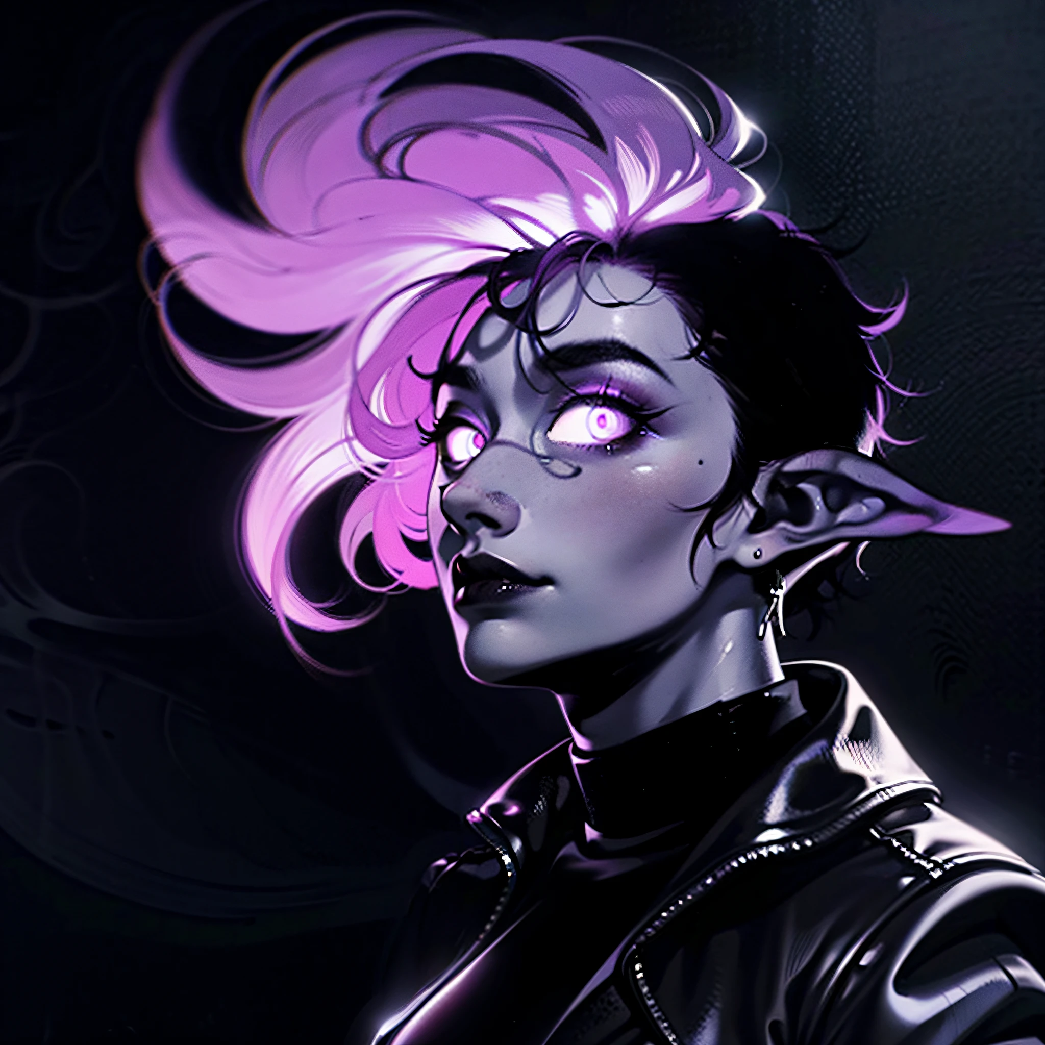 (ultra-detailed CG unity 8k wallpaper, Masterpiece, Best Quality, many intricate details),(Dark background, demonic reference),(1girl, Demon, dark skin, pale eyes, shaved temples, muscled body, leather jacket),(独奏),(femininity, Beautiful facial features, dark makeup, nose with a hump), one girls, standing with a cigarette, Dark background, purple lighting, burning empty eyes, Detailed Face, many details, detailled eyes