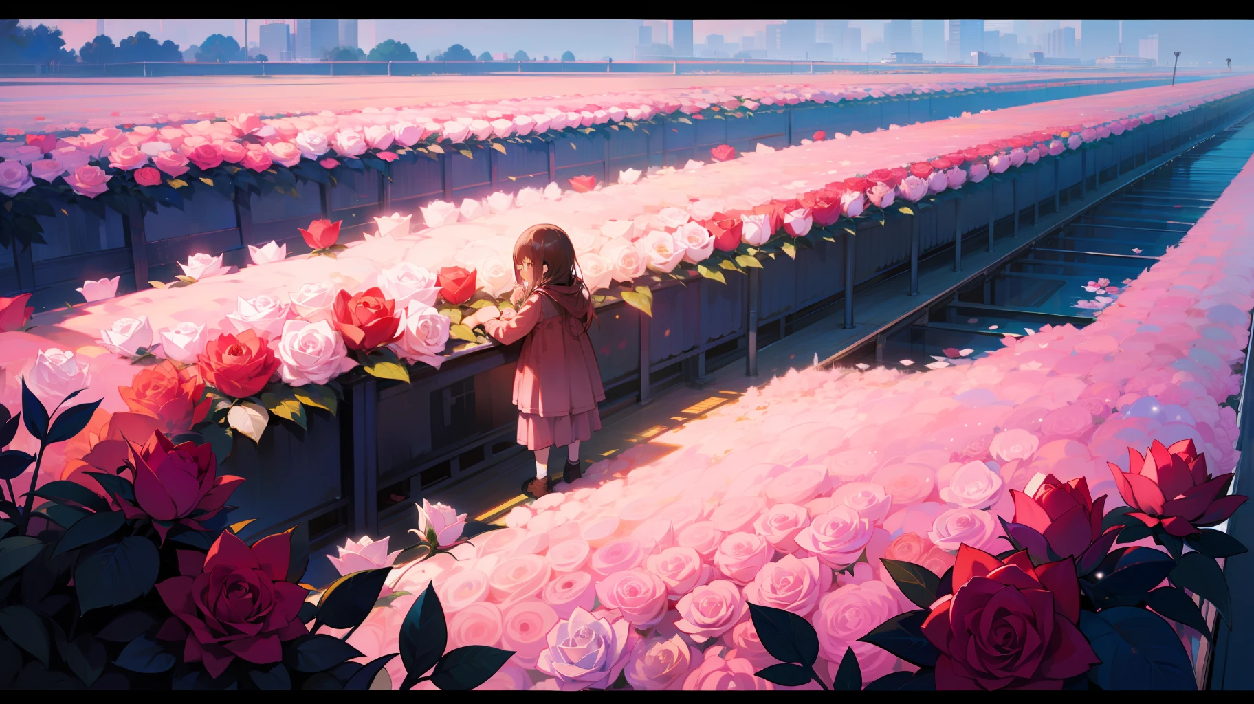（evening light:1.2+rosette:1.3）+（Best Picture Quality+tmasterpiece） + （Wide+Longitudinal） + Rose Factory，Large expanses of brightly colored roses cover the entire picture