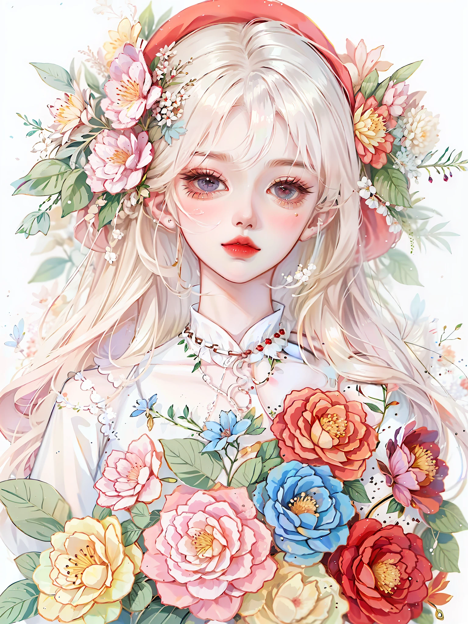 anime girl with flowers in her hair and a red hat, Nice anime art style, retrato bonito do anime, visual anime de uma menina bonito, Nice anime style, bela arte de anime, arte de anime limpa e detalhada, Bom anime, menina anime bonita, retrato detalhado da menina do anime, bela arte de anime, arte detalhada do anime, Manga art style, Soft anime illustration, Estilo de arte de anime