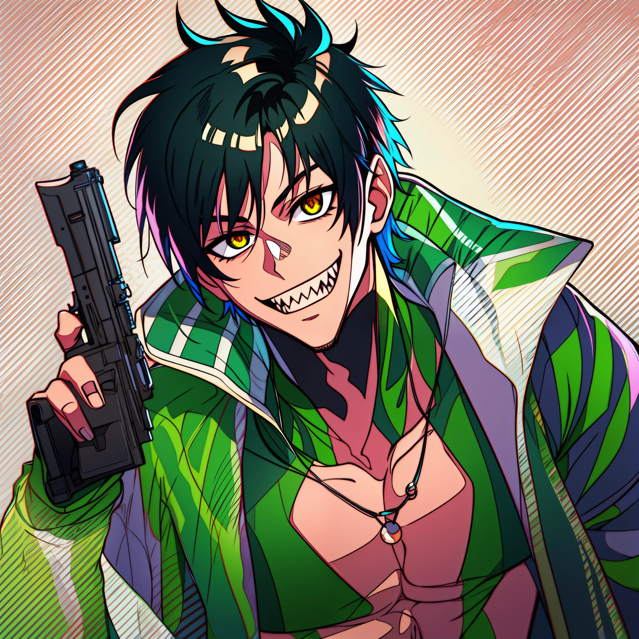 Male with black hair and green snake type eyes, sharp teeth, smiling, holding a gun, wearing stuff a bounty hunter would