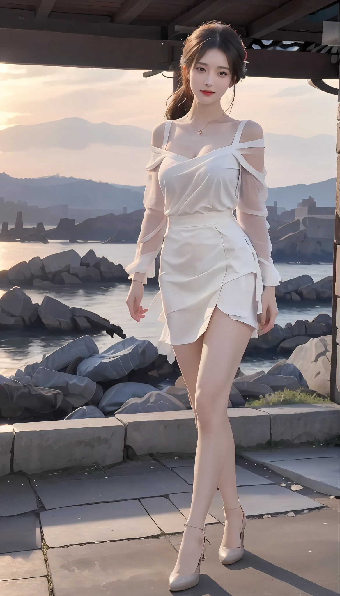 masterpiece, best quality, official art, in focus, full body photo (FLS), FHD, 1080P, 2K, 4K, 8K, Mind-bSoft illuminationlowing Details, Unfathomable, Leica camera, Full Length Shot (FLS), cute, Golden Ratio,Soft illumination,absorbing。 Super detailed, extremely detailed, beautiful and meticulous girl, 1 girl, (perfect female figure), full body, skirt, long legs, no breasts, background by the sea.