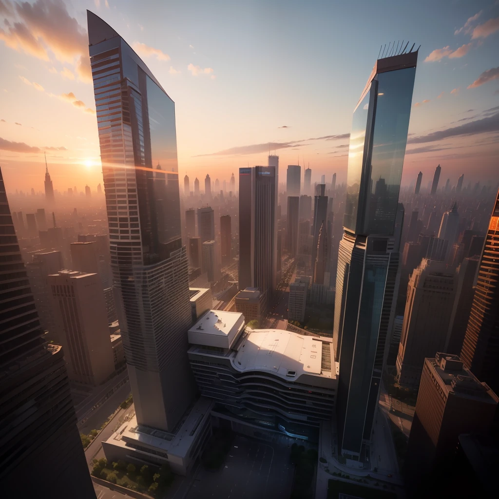 Imagine a modern Zaha Hadid style (luxurious Hotel) with large glass windows that reflect the light of the sunset. The photograph shows the building from an aerial perspective, emphasizing its imposing architecture. In the foreground, you can see an illuminated underground parking garage, with bright lights filtering through the grilles. There are no people in the image, but you can see a spacious open area. The sunset atmosphere creates a warm and peaceful feeling throughout the scene.