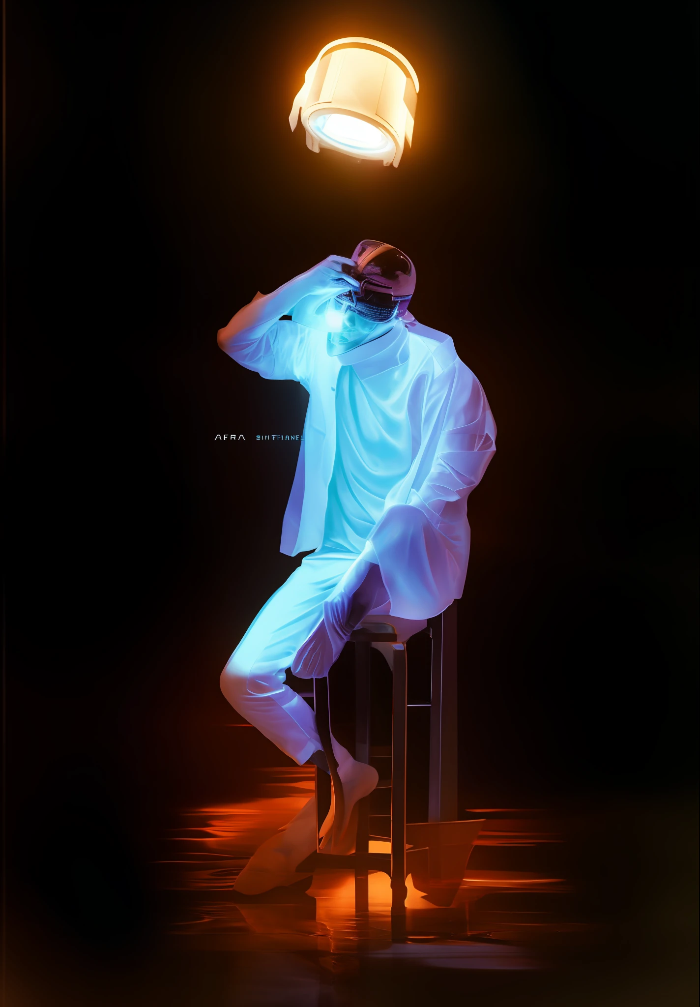 The Arafad man sat on a stool，There is a light overhead, virtual self, [ Realistic photo ]!!, photo manipulation, hyung tae kim, hyung-tae kim, hyung - tae kim, thinker, author：Shitao, korean artist, creative photoshop, futuristic tetsuo, hyung tae, author：Kim Eun-hwan, jimin