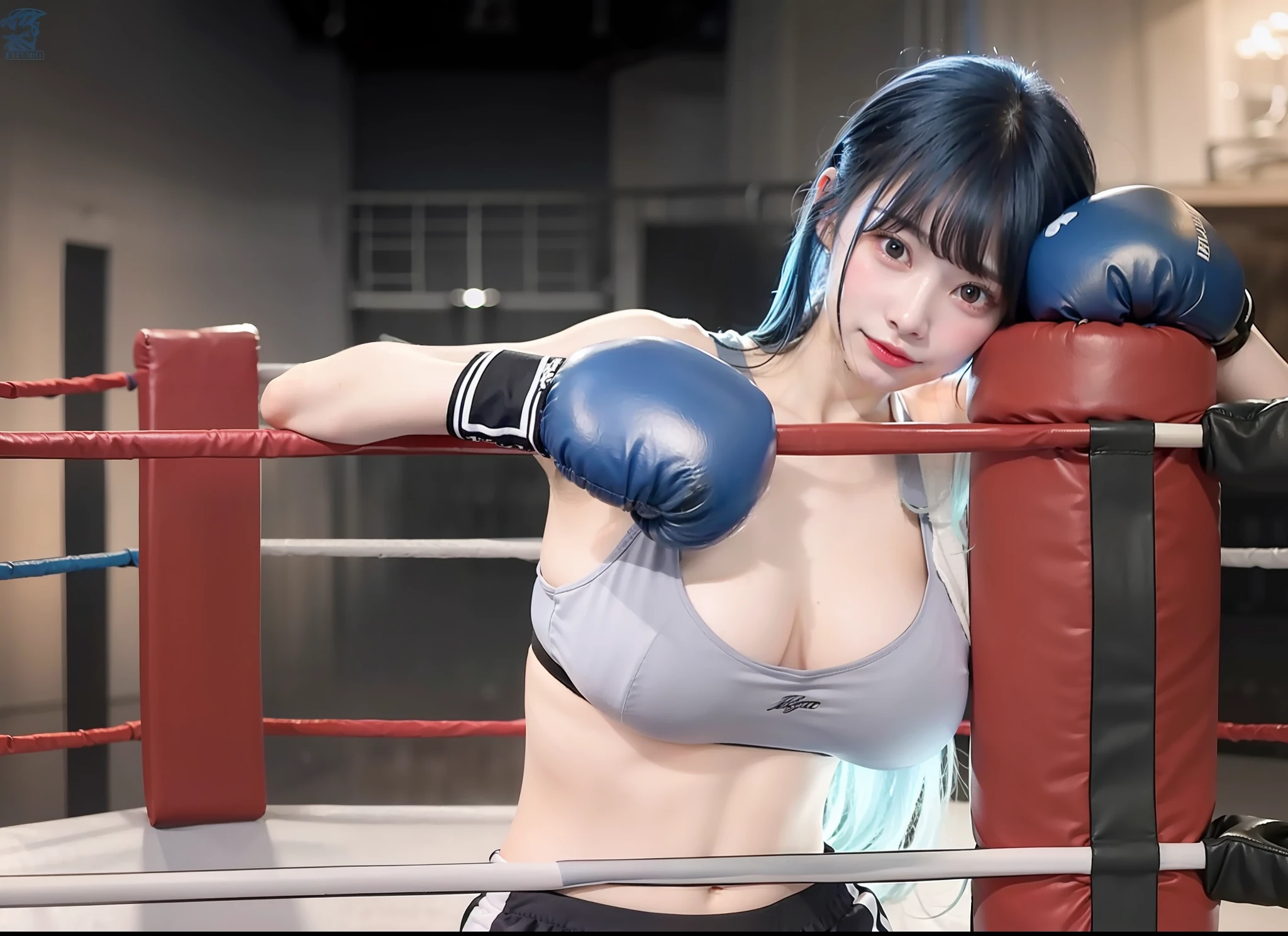 1girl, boxing, blue hair, realistic