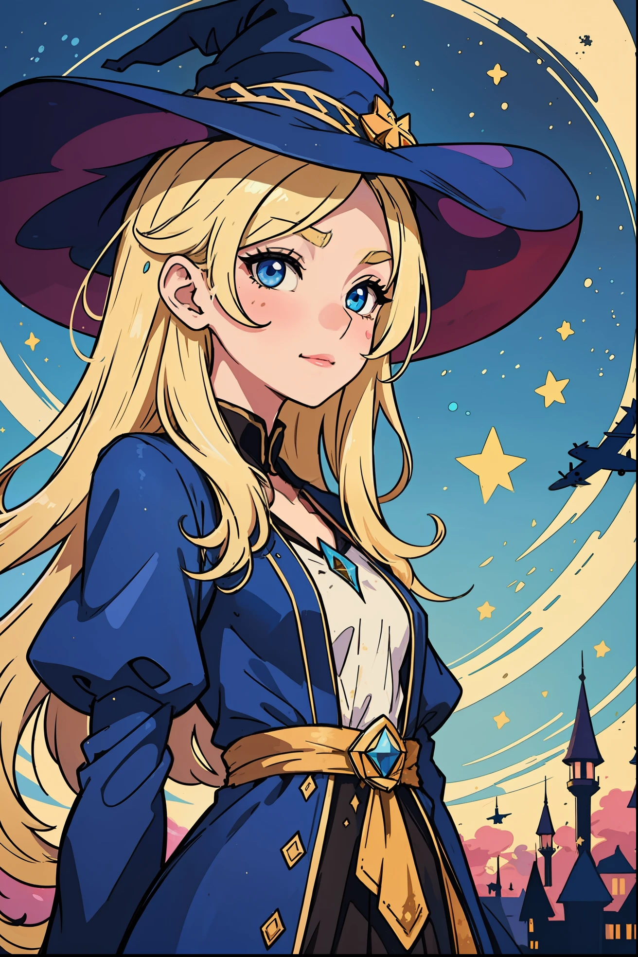 The perfect masterpiece,Highest quality,Perfect artwork,8K,Upper Body Lens,front portrait,Delicate face,Face Close-up,Watching the audience, Wizard apprentice girl,(pointy royal blue witch hat:1.3),(white star print on hat:0.8),Magical transparent eyes,(dirty blonde hair:1.2),(young:1.4),(small breasts:1.2),large eyes,happy,slender,slim build,thin waist,dark eyebrows,(💖:1.3),Digital Art,plane illustrations,colorful illustration,minimalist style,anime cartoon style,glowing magical effects,