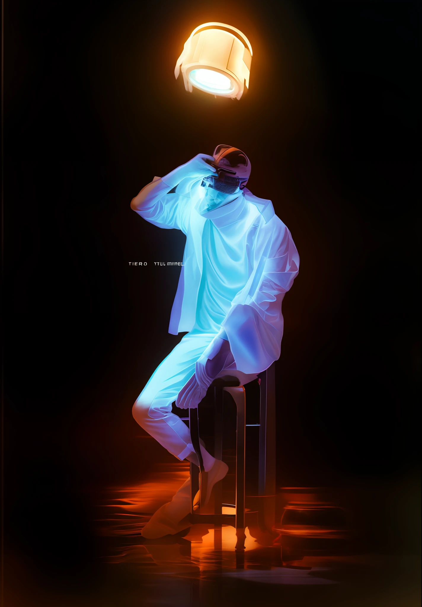 The Arafad man sat on a stool，There is a light overhead, virtual self, [ Realistic photo ]!!, photo manipulation, hyung tae kim, hyung-tae kim, hyung - tae kim, thinker, author：Shitao, korean artist, creative photoshop, futuristic tetsuo, hyung tae, author：Kim Eun-hwan, jimin
