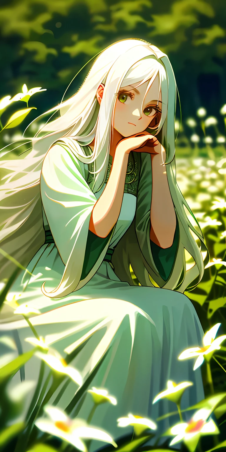 (masterpiece, best quality),1girl with long white hair sitting in a field of green plants and flowers, her hand under her chin, warm lighting, white dress, blurry foreground