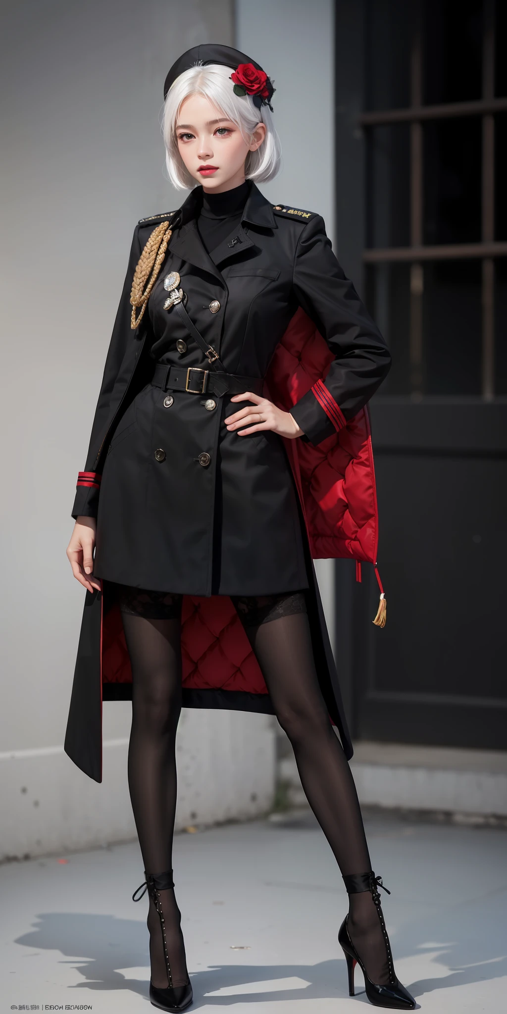 1girll,white color hair,Wear a black flower on your head,Wearing a black gauze tights,Wear a black wristband,Black lace-up heels,Wearing a black military uniform overcoat,The inside of the coat is red,perfectly proportioned, Cinematic lighting, filmgrain, Fujicolor, lightand shade contrast, 8K, 巨作, Textured skin, Super detail, hoog detail, High quality, A high resolution,