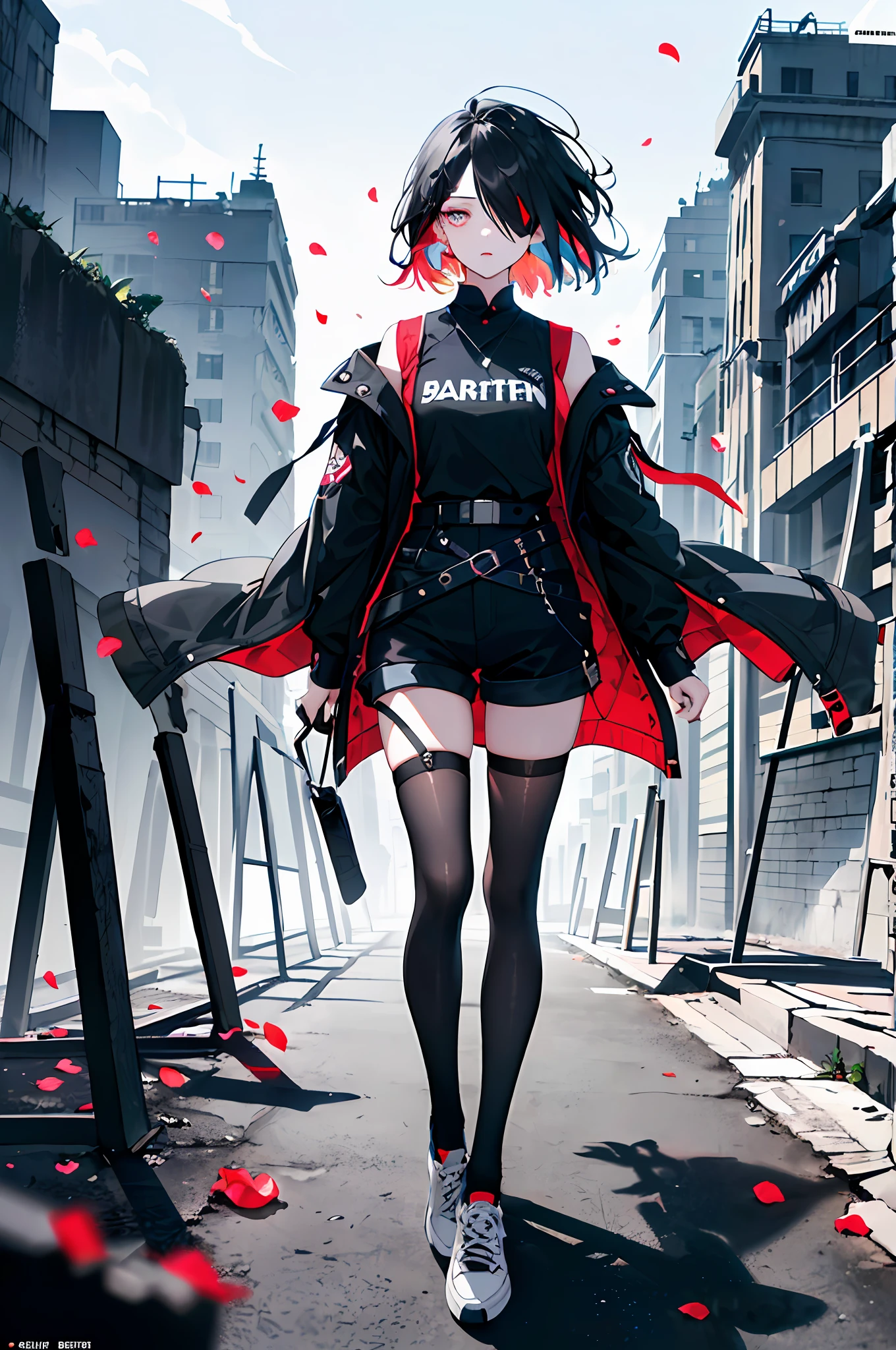 ((((Dramatic))), (((grittiness))), (((Intense))) The movie poster features a young woman as the central character。She stands confidently in the center of the poster,Dress in fashion-forward clothing,In the distance there is a dilapidated castle,with short black hair,Wear an eye patch,The body is more fleshy,Petals are tered on the ground,The clothes are black,The wind blew through her hair,Dress sexyaring tattered stockings,Wear black sneakers and black shorts,The text is bold and eye-catching,With catchy slogans,Adds to the overall drama and excitement。The color palette is dominatdark colors,Dotted with bright colors,Make the poster dynamic and visually striking,tachi-e (Magazines:1.3), (estilo da capa:1.3), Fashionab, with dynamism, Outfit, posing on a, Front,rich colourful,