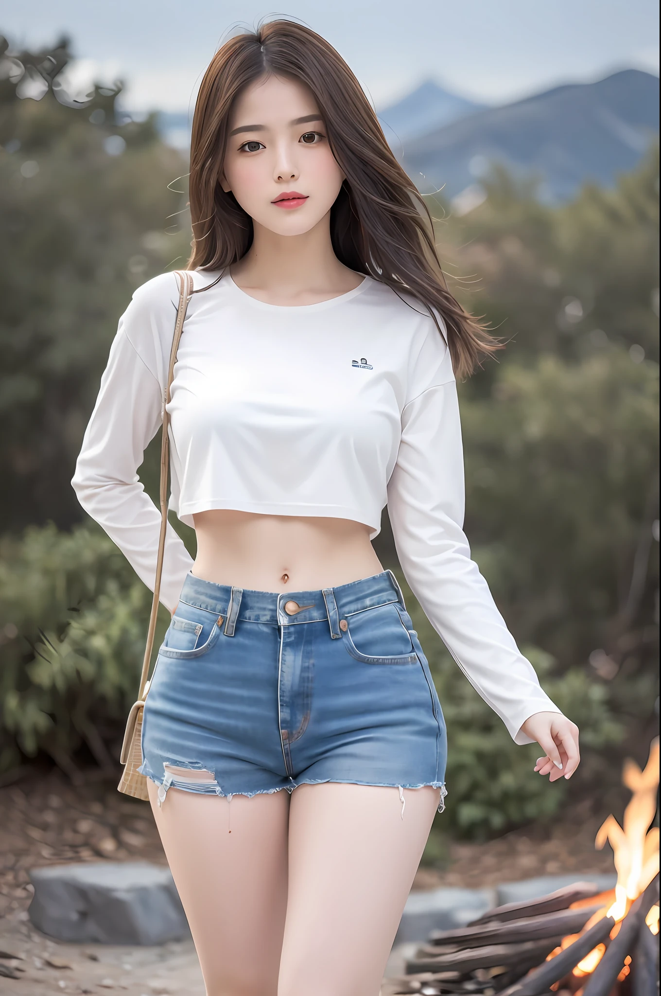 ((realistic raytraicing,best qualtiy,8K,tmasterpiece:1.3)),1girll,Little moles under the eyes,ssmile,,Pretty woman with slender figure:1.4,Abs:1.1,Korea,paleskin,(Floating wavy silky blue hair,Breezy hair,Big_Breasts:1),White color blouse:1.2,Long sleeved,(The skin:1.3),standingn,Mountain night, campfire light, Super delicate face, finely-detailed eyes, 二重まぶた, shiny skins, cowboy lens,(Wear denim super shorts,Wear long white stockings:1.2)