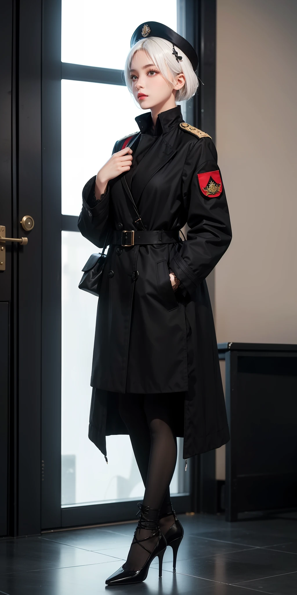 1girll,white color hair,Wear a black flower on your head,Wearing a black gauze tights,Wear a black wristband,Black lace-up heels,Wearing a black military uniform overcoat,The inside of the coat is red,perfectly proportioned, Cinematic lighting, filmgrain, Fujicolor, lightand shade contrast, 8K, 巨作, Textured skin, Super detail, hoog detail, High quality, A high resolution,