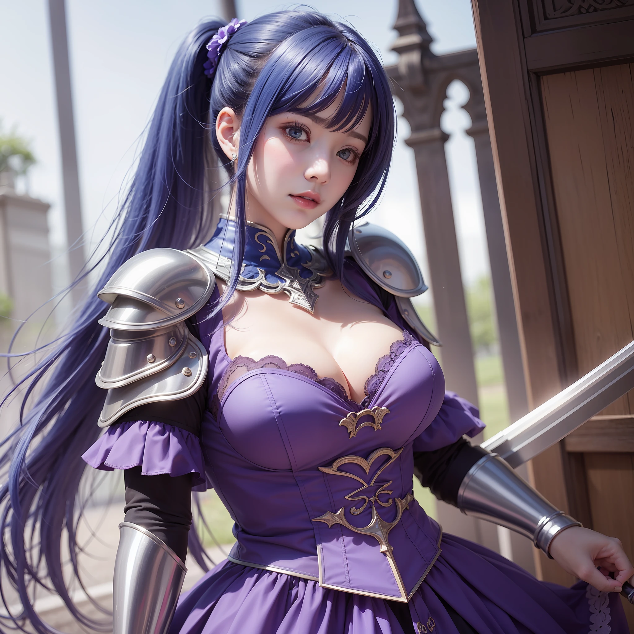 Colorful hair（Purple and blue gradient）、short twintails、beautfull woman、Beautiful eyes、Official art、​masterpiece、Extremely delicate modeling、beste-Qualit、Hphotorealistic、8k picture、hiquality、large full breasts、Princess、In face（Rounded face）、Paladin、Luxurious armor、Holy Sword