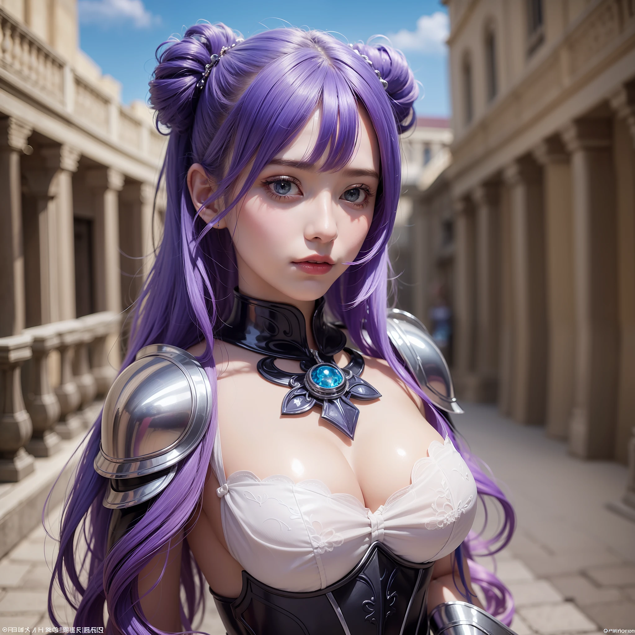 Colorful hair（Purple and blue gradient）、short twintails、beautfull woman、Beautiful eyes、Official art、​masterpiece、Extremely delicate modeling、beste-Qualit、Hphotorealistic、8k picture、hiquality、large full breasts、Princess、Infant face（Rounded face）、Paladin、Luxurious armor、Holy Sword