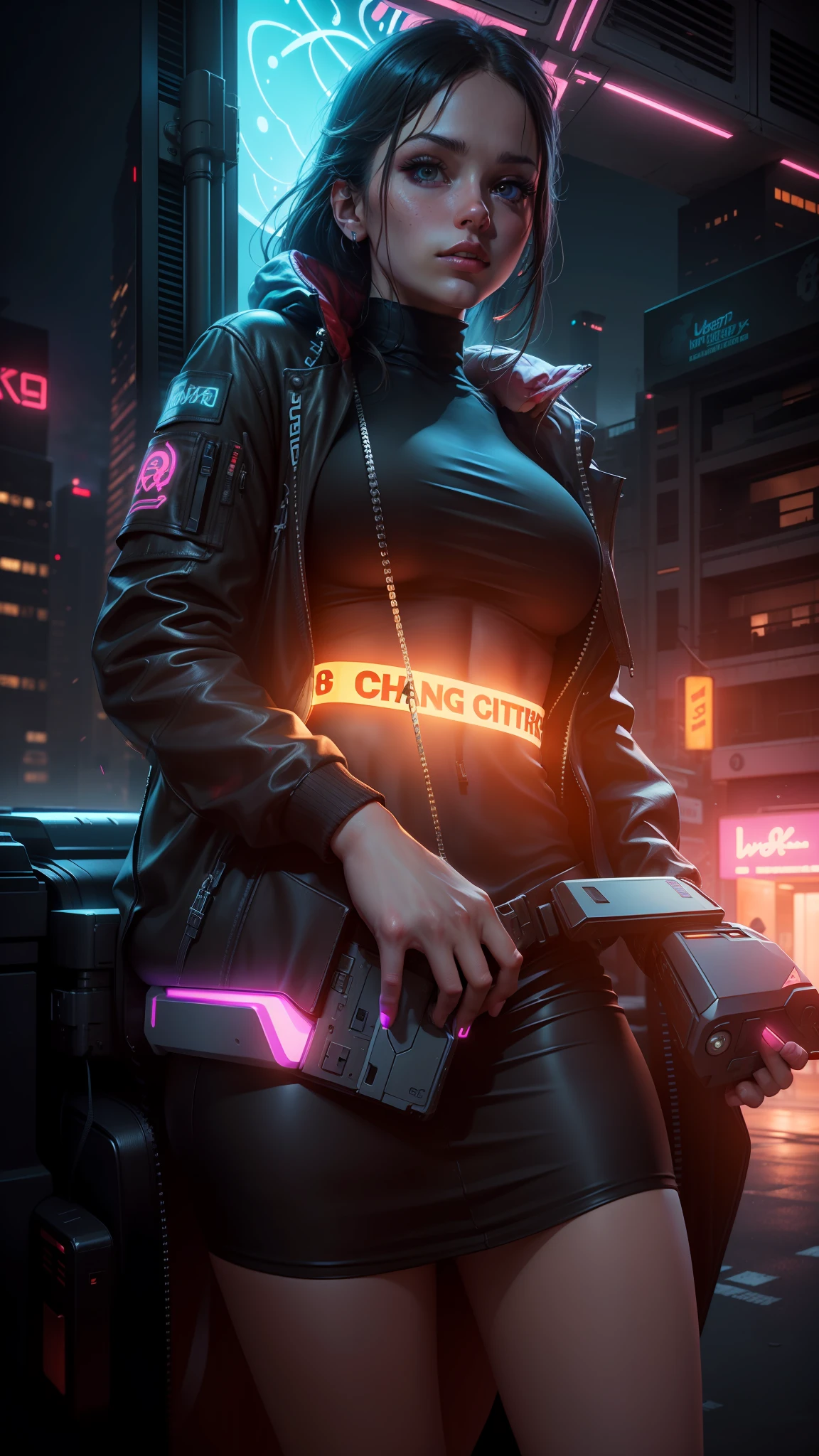 (masterpiece), ultra-realistic, (beautiful girl), gaming, cyberpunk, (keep it real, ultra-detailed, 8k), (change background:1.2), breathtaking scenery, (night city, neon lights), color grading, depth of field