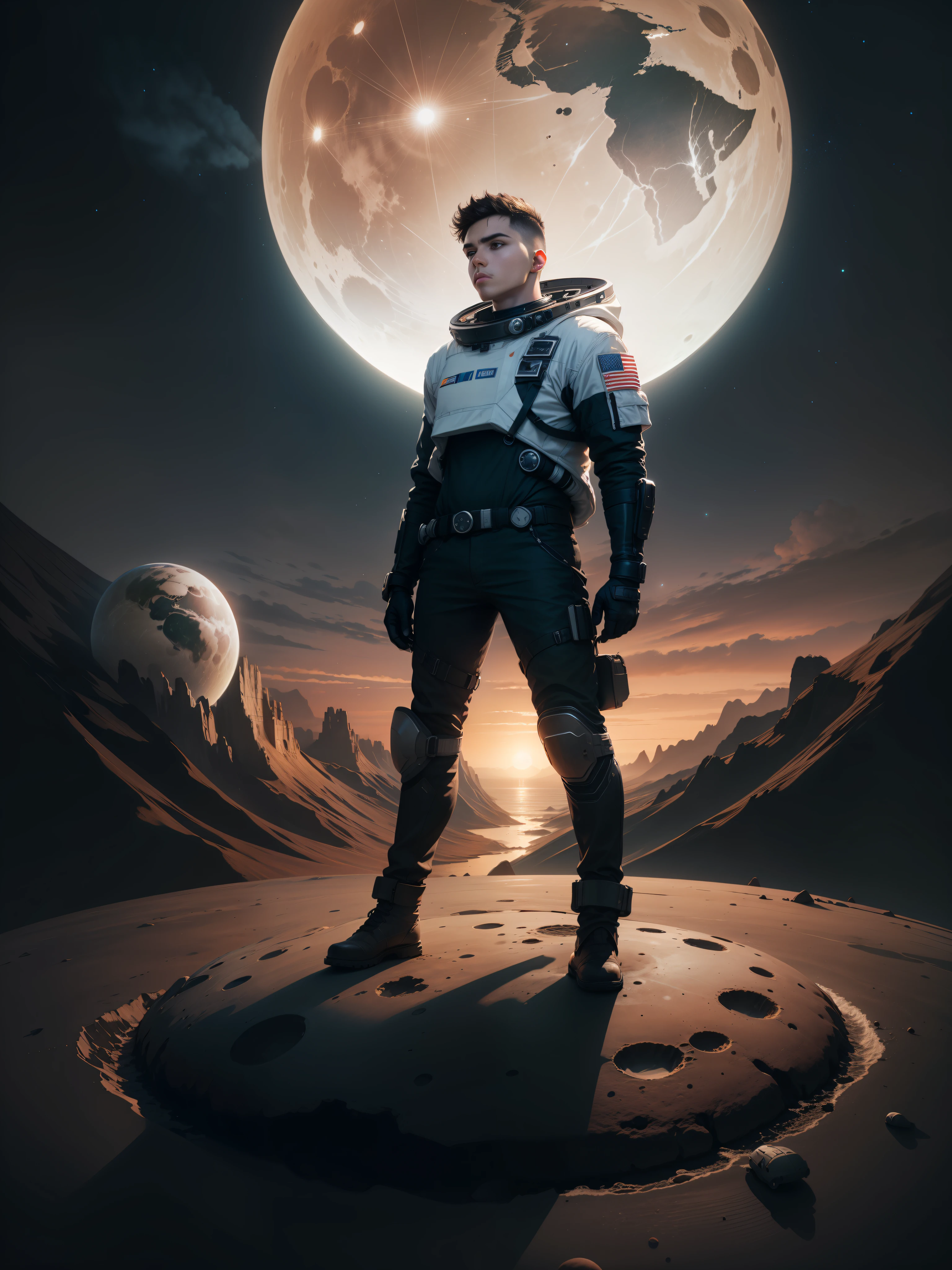 The front of a young man，Standing on the surface of the moon，Lonely and lonely，The distant background is the Earth，A small one-man spaceship was parked next to him，The background is huge，People are small