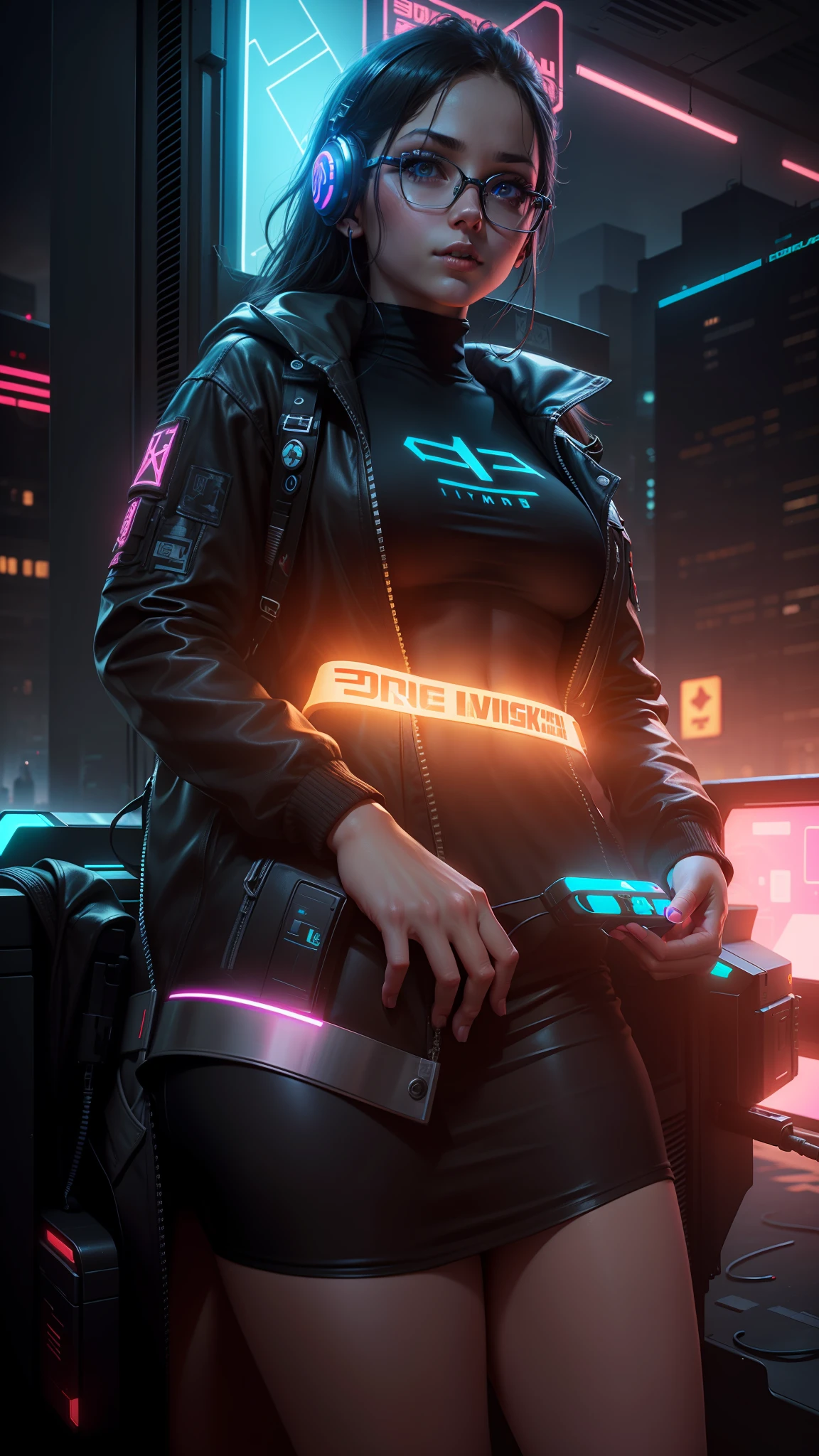 (masterpiece), ultra-realistic, (beautiful girl), gaming, cyberpunk, (keep it real, ultra-detailed, 8k), (change background:1.2), breathtaking scenery, (night city, neon lights), color grading, depth of field