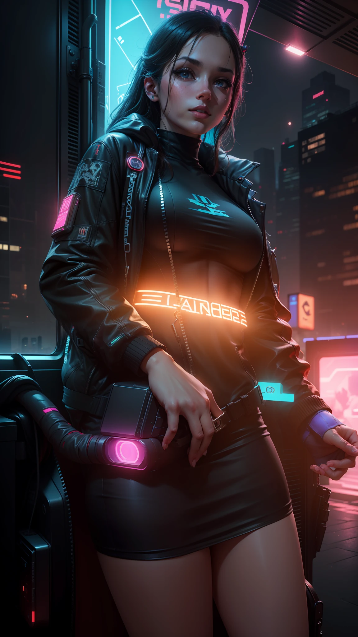 (masterpiece), ultra-realistic, (beautiful girl), gaming, cyberpunk, (keep it real, ultra-detailed, 8k), (change background:1.2), breathtaking scenery, (night city, neon lights), color grading, depth of field