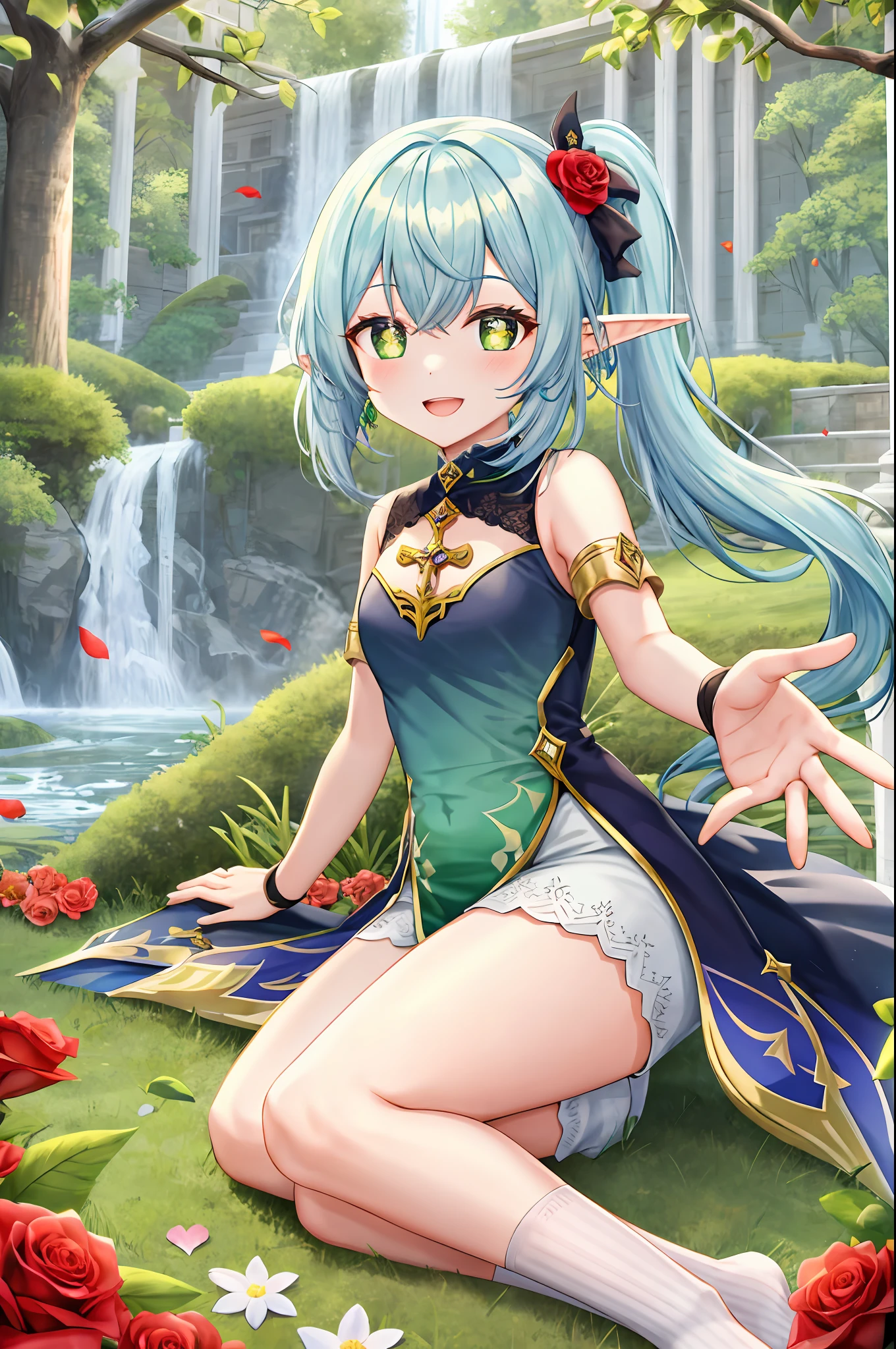 torino aqua, 1girl, :d, bangs, bare shoulders, bracer, branch, building, colored tips, commentary request, cross-shaped pupils, crossed bangs, crystal, crystalfly \(genshin impact\), detached sleeves, dot nose, dress, elf, feet, flower, flower request, gem, genshin impact, gradient hair, green eyes, green gemstone, green hair, hair ornament, highres, lace trim, leaf hair ornament, light blush, looking at viewer, multicolored hair, nahida \(genshin impact\), nature, no shoes, on floor, open mouth, outstretched hand, parted lips, pillar, pointy ears, red flower, rose, short dress, short sleeves, shorts, side ponytail, sidelocks, sitting, sleeveless, sleeveless dress, smile, socks, solo, stairs, stirrup legwear, symbol-shaped pupils, thighs, toeless legwear, toes, torino aqua, tree, two-tone dress, two-tone hair, water, waterfall, white dress, white flower, white hair, white shorts, white socks, yokozuwari,