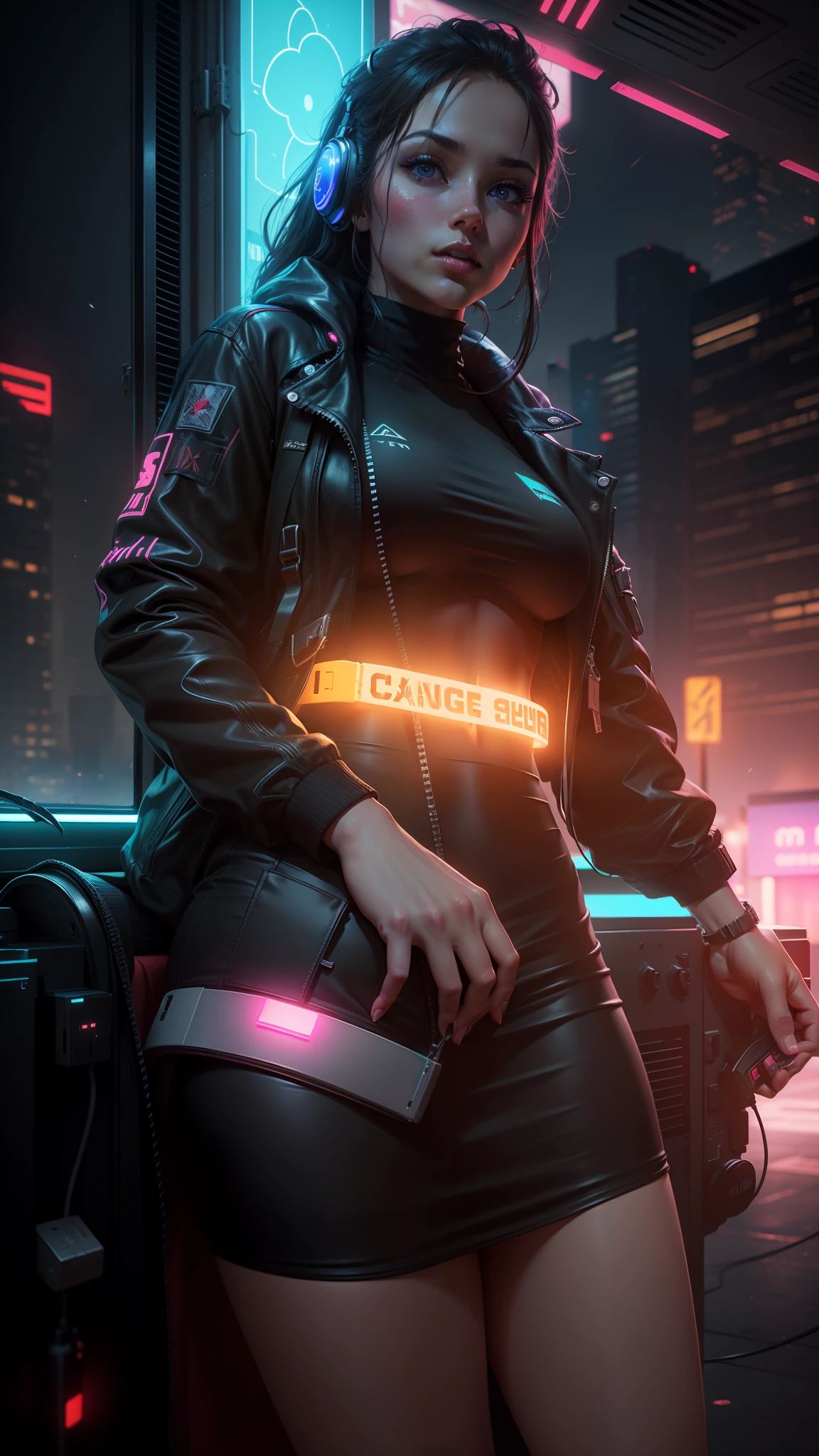 (masterpiece), ultra-realistic, (beautiful girl), gaming, cyberpunk, (keep it real, ultra-detailed, 8k), (change background:1.2), breathtaking scenery, (night city, neon lights), color grading, depth of field