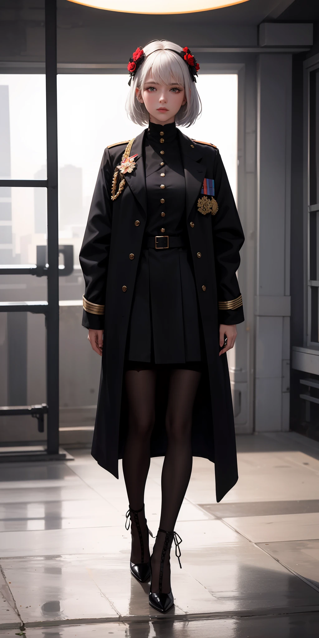 1girll,white color hair,Wear a black flower on your head,Wearing a black gauze tights,Wear a black wristband,Black lace-up heels,Wearing a black military uniform overcoat,The inside of the coat is red,perfectly proportioned, Cinematic lighting, filmgrain, Fujicolor, lightand shade contrast, 8K, 巨作, Textured skin, Super detail, hoog detail, High quality, A high resolution,
