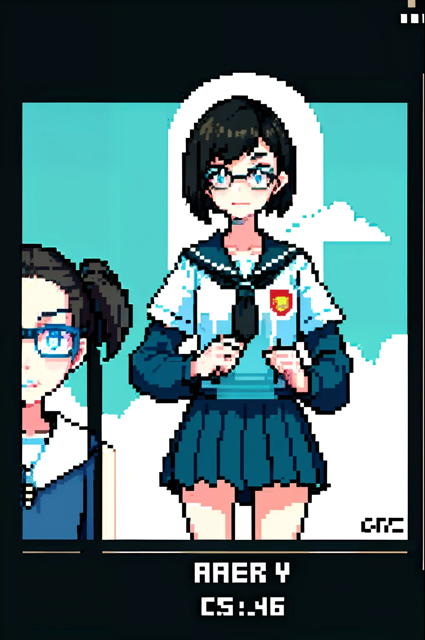 (tmasterpiece,top Quority,best qualtiy),pixivs,pixelart,1girll,full bodyesbian,high-school student,black color hair,The eye,k hd,bob-cut hair,Wearing glasses