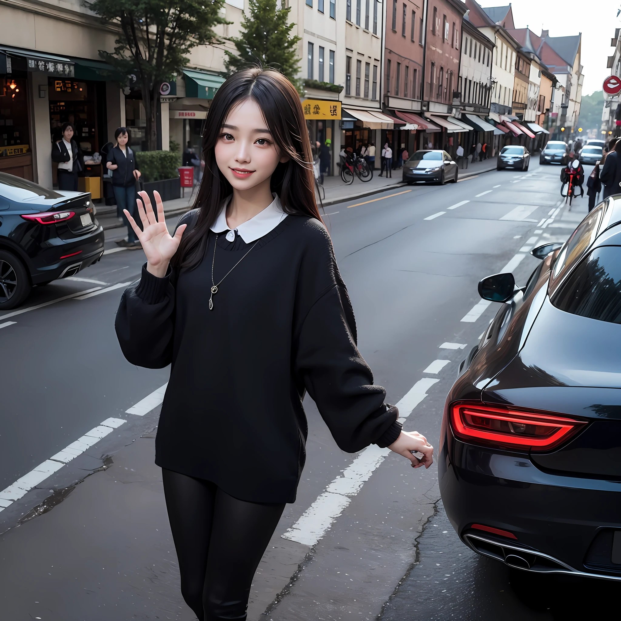 femele,frontage,A dark-haired,Black long straight,ponytailhair,Fox face,Ruddy complexion,Clear eyes,With a smile in his eyes,ssmile,Wave goodbye,No fox ears,Normal young female face,Pure,youthfulenergy,Stand in the middle of the Y-junction,Small county town in China,with people coming and going,The flow of vehicles is endless --auto