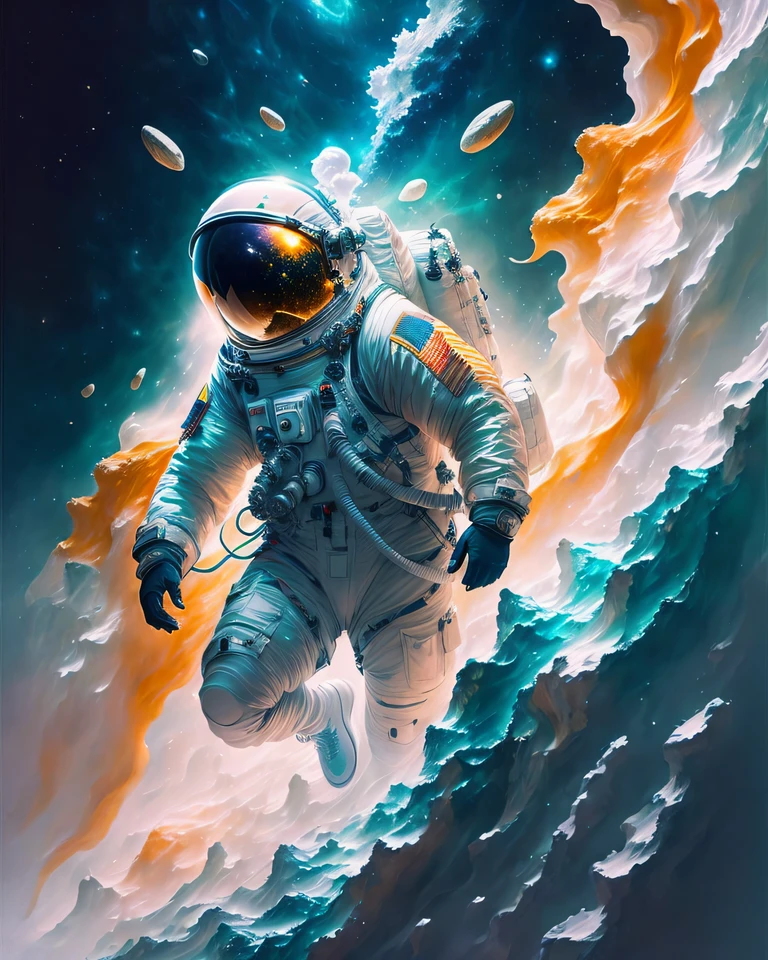 astronauta, escalando o asteroide, character rendering, ultra high quality model, ethereal background, beleza abstrata, explosive volumetric, desenho, pinceladas pesadas, pingos de tinta